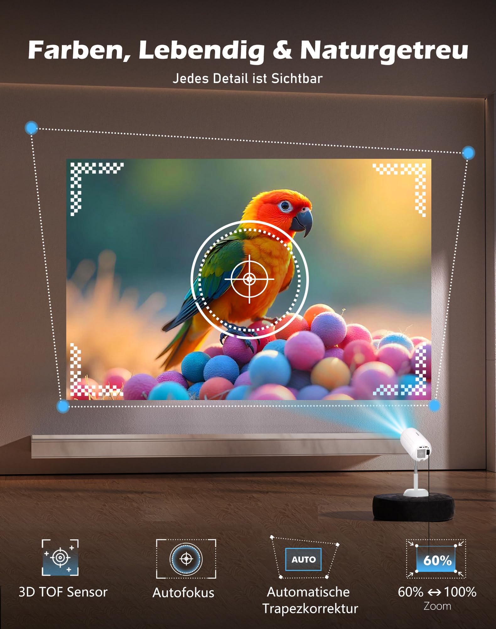 VGKE Mini proiettore con app Android, messa a fuoco automatica 3D TOF, correzione trapezoidale automatica, 16000 lumen, supporto Full HD 4K, proiettore portatile WiFi 6 Bluetooth per esterni/cellulare