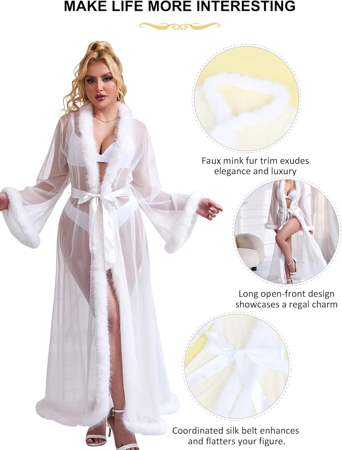 ohyeah Women Feather Bridal Robe for Wedding Plus Size Lingerie Robe with Fur Nightgown Bathrobe Tulle Maternity Dress