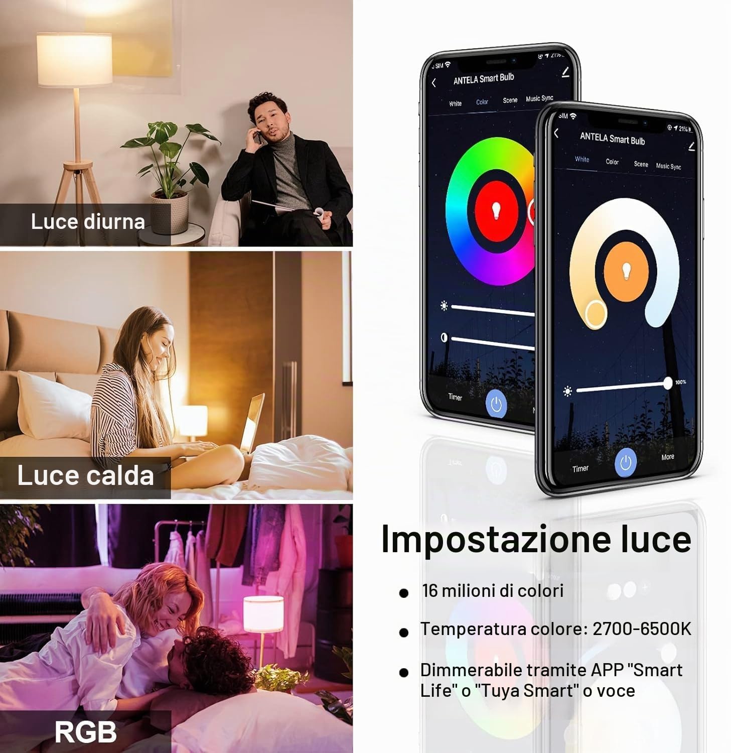 ANTELA Lampadine LED Alexa Inteligente WiFi E27 12W 1350LM Lampadina Smart | Dimmerabile, 94W Equivalente, RGB&2700K-6500K Bianco freddo caldo, Compatibile con Alexa/Google Home, 4 pezzi