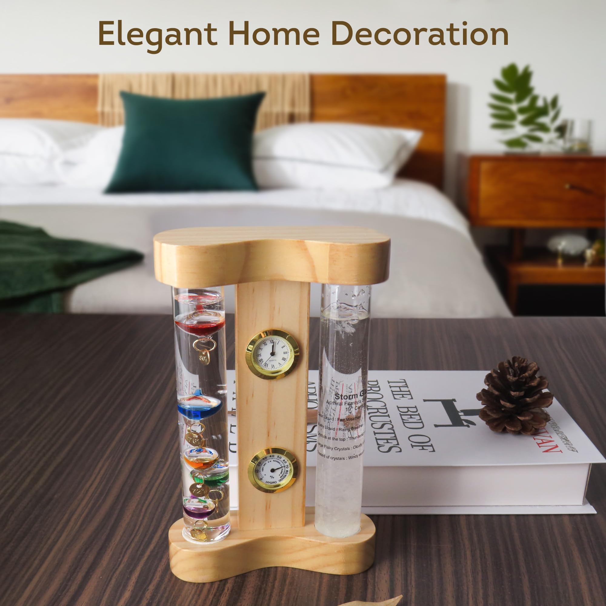 Lily's Home Stazione meteo analogica con termometro Galileo, vetro temporale, orologio al quarzo e igrometro, telaio in vetro e legno, termometro Galileo per interni ed esterni decorazione per la casa