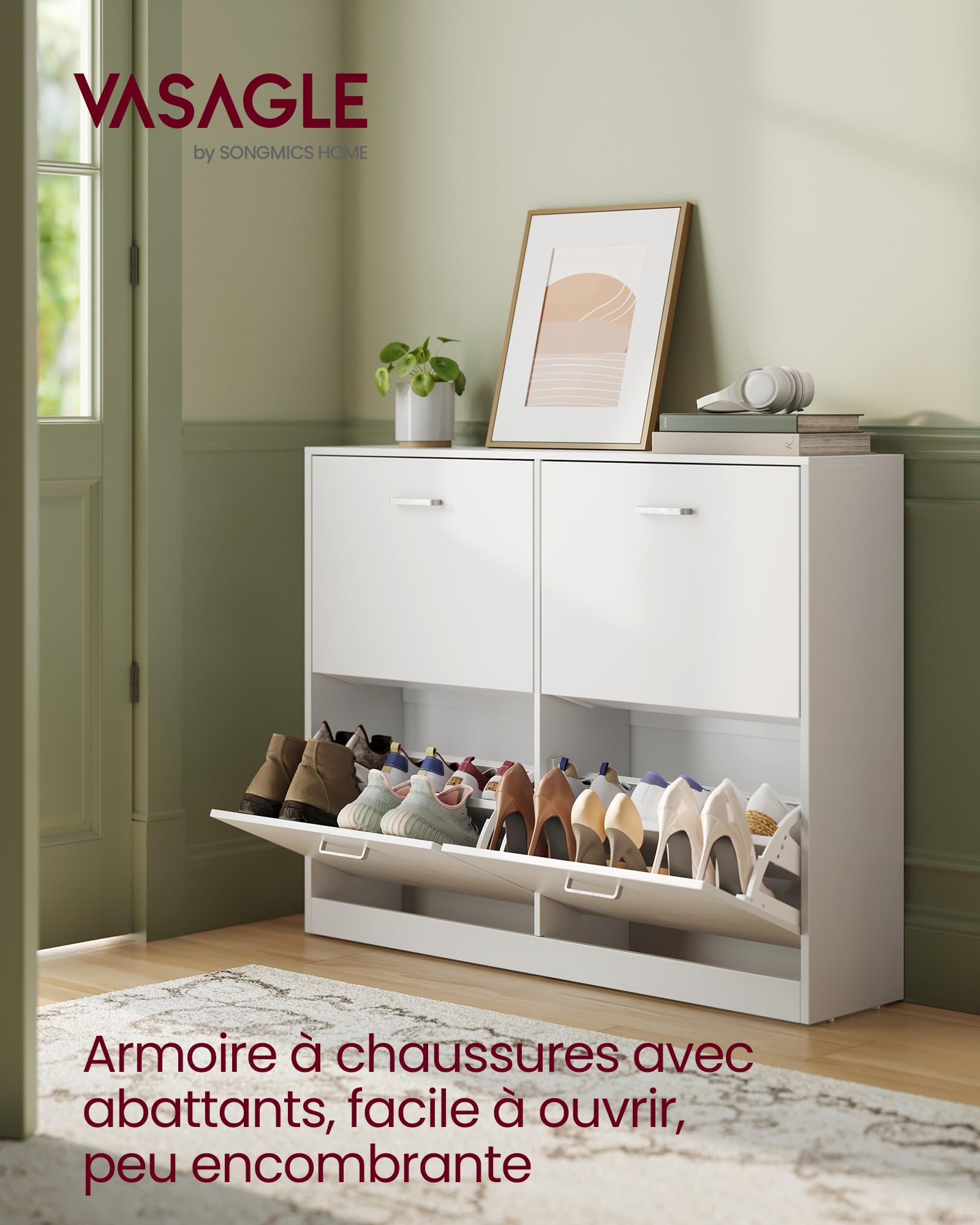 VASAGLE Custos Collection - Meuble à Chaussures à 3 Abattants, Placard de Rangement à 3 Niveaux, 3 Compartiments, pour Entrée, Salon, Chambre, Blanc Neige LBC035W01
