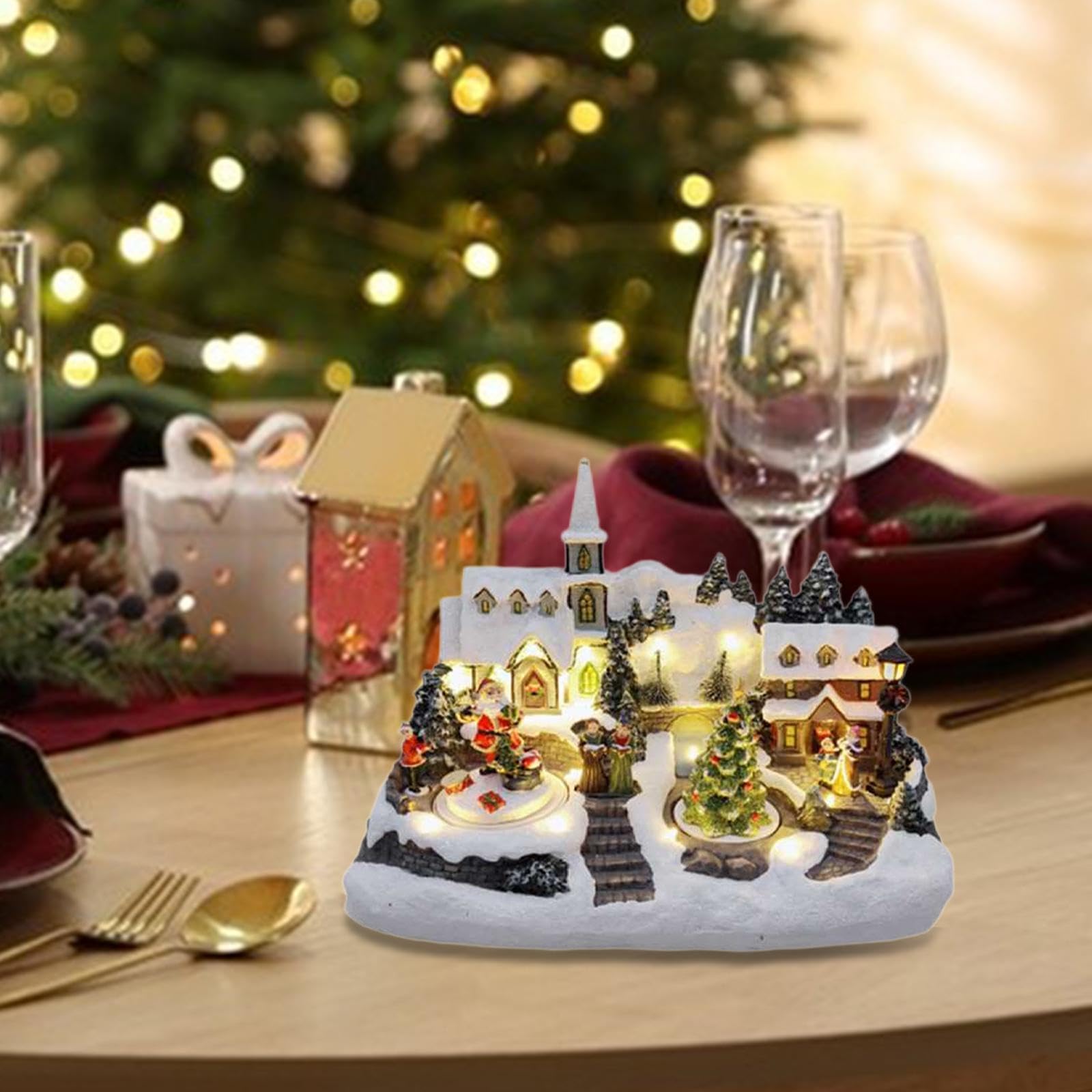 F Fityle Casette musicali natalizie da collezione, micro paesaggio, regalo con luci, decorazioni natalizie musicali per feste, mobiletto per camera da letto