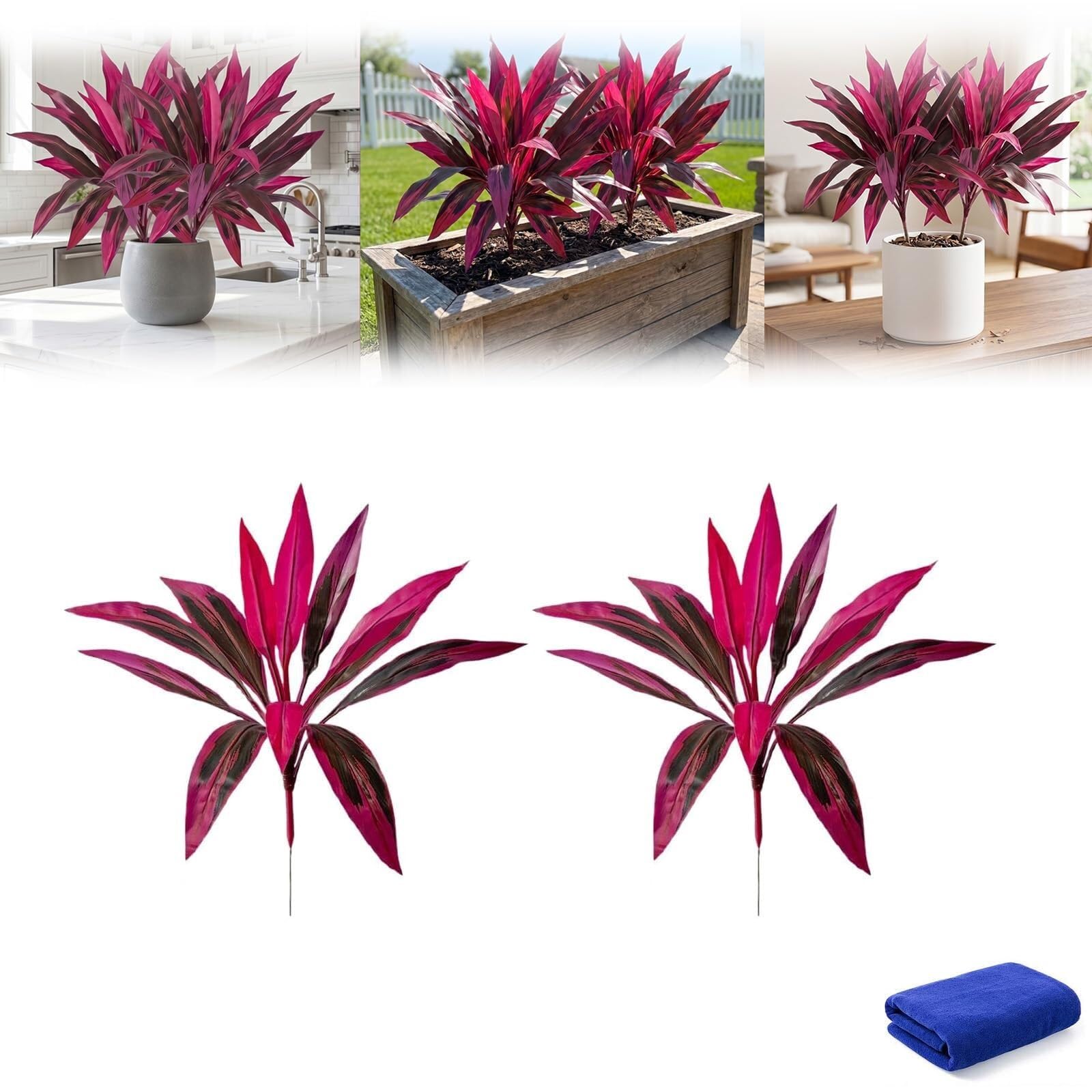 LCPKUTTR 2Pcs Large Artificial Boston Fern Dragon’s Blood Tree Plants, Resistant Boston Ferns Artificial Plants Outdoor Vibrant Pink Purple Faux Tropical Plant R0G612(Red 2 Pcs)