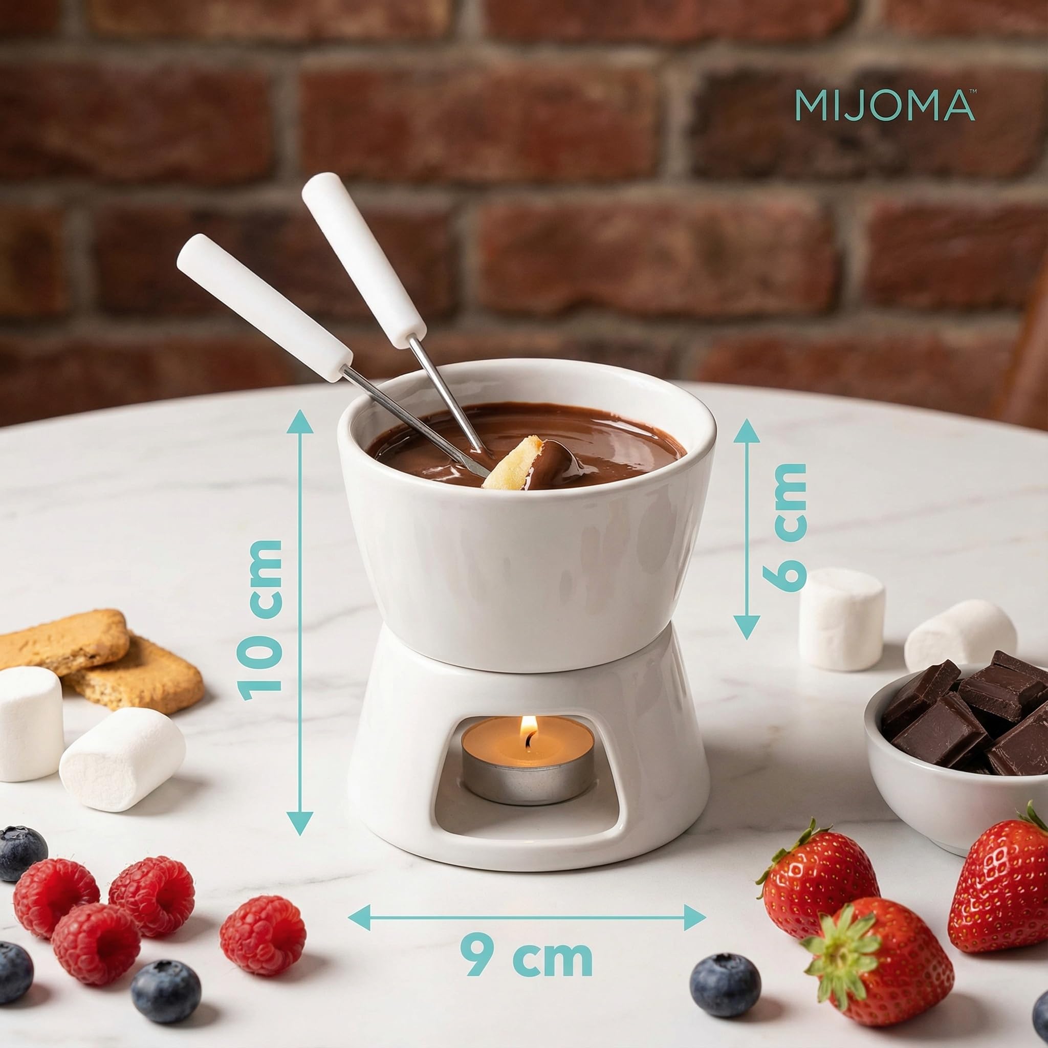 MIJOMA Mini set per fonduta di cioccolato – Scopri il puro piacere del cioccolato – Design alla moda ed elegante in bianco, con 2 forchette per fonduta, ideale per biscotti e frutta, ceramica, 10 x 9