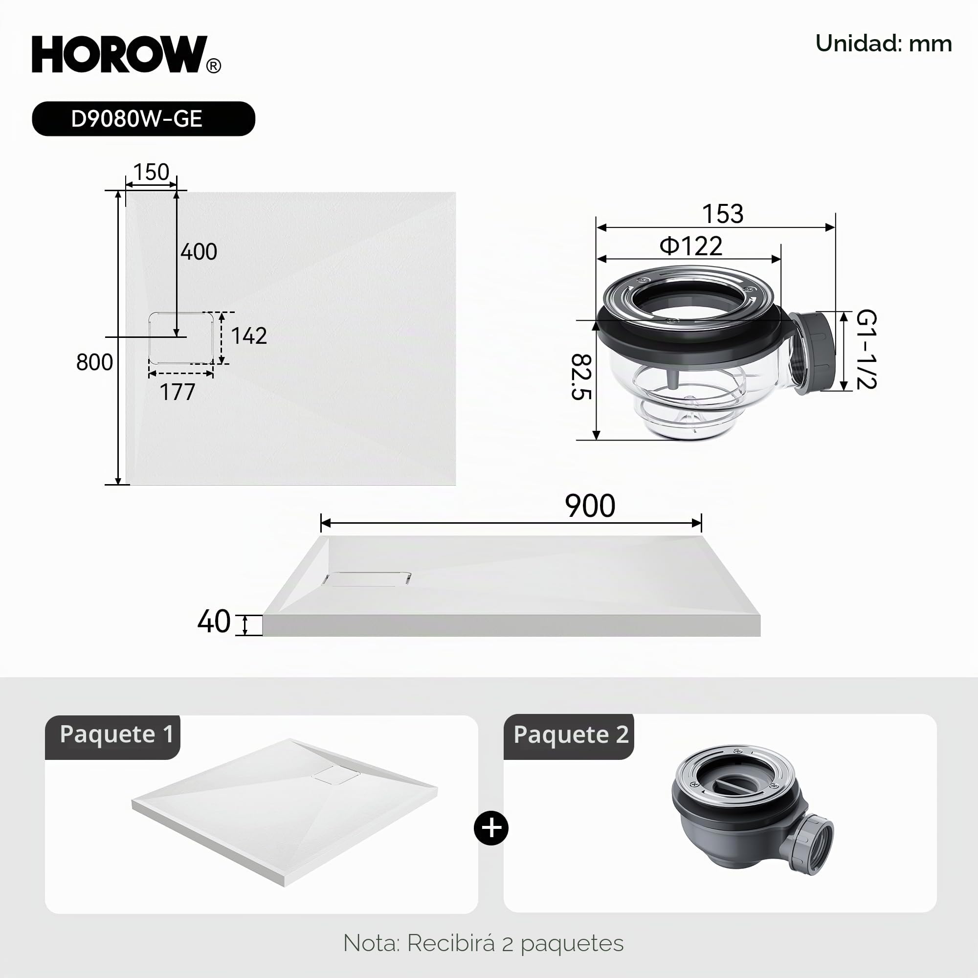 HOROW Plato de Ducha 80 x 90 cm Extraplano, Antideslizante, Acrílico Blanco con Textura de Piedra - Ducha Completa Incluye Desagüe y Tapa, 4 cm de Altura, Fabricación en Una Pieza Sin Fugas
