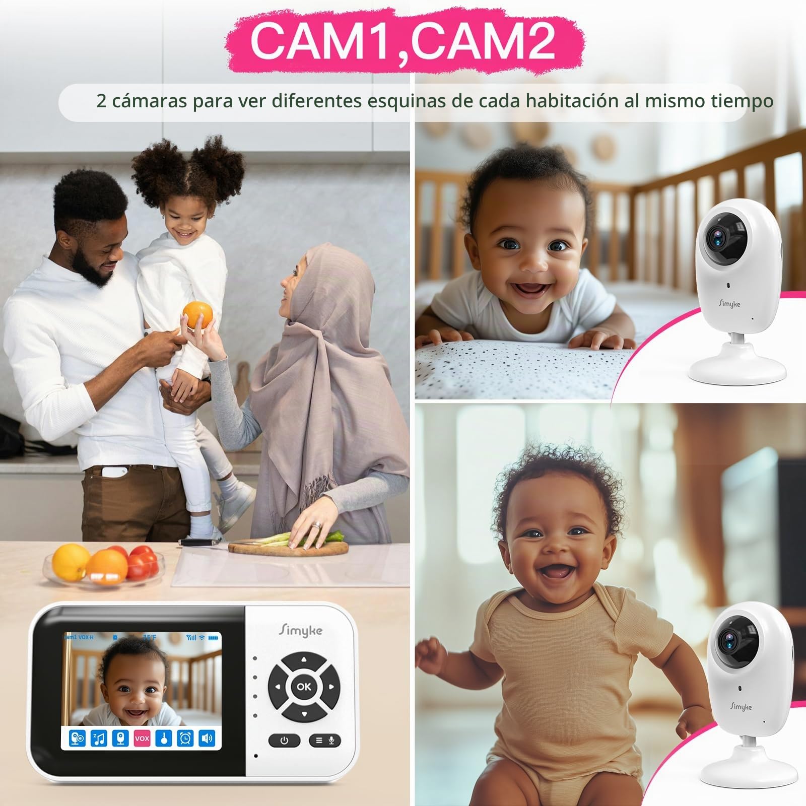 Simyke Smart BabyMonitor, 2 cámaras de 1080p, interruptor de encendido/apagado WiFi, pantalla de 2.8 pulgadas o acceso remoto WiFi, visión nocturna, alcance de 1500 pies, conversación bidireccional,