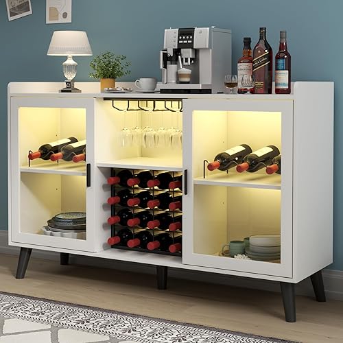 Loomie Armario de bar de vinos con luz LED, gabinete de café para el hogar con estante para vino y soporte para vidrio, aparador de cocina con