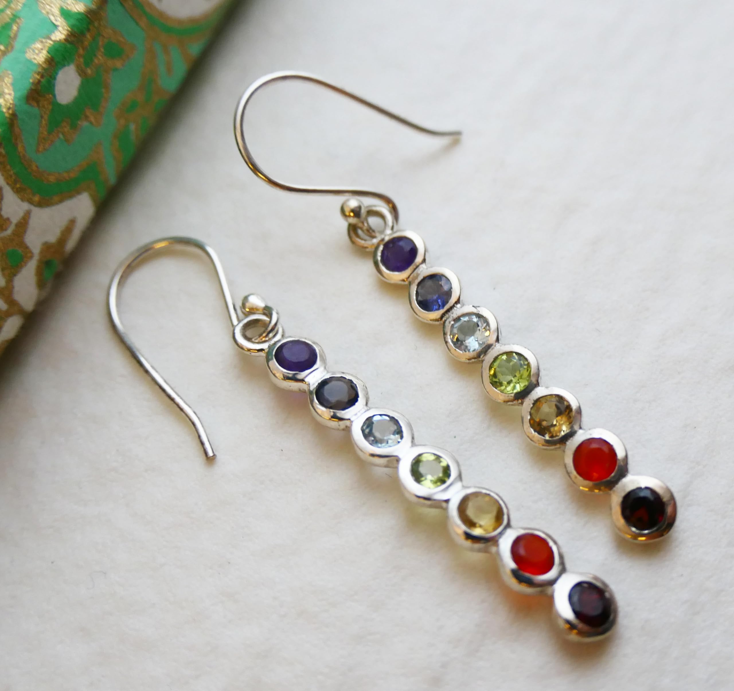 Orecchini Pendenti con Pietre Preziose Multicolori in Argento Sterling 925 |-Gioielli Arcobaleno da Donna con Design Lineare Elegante