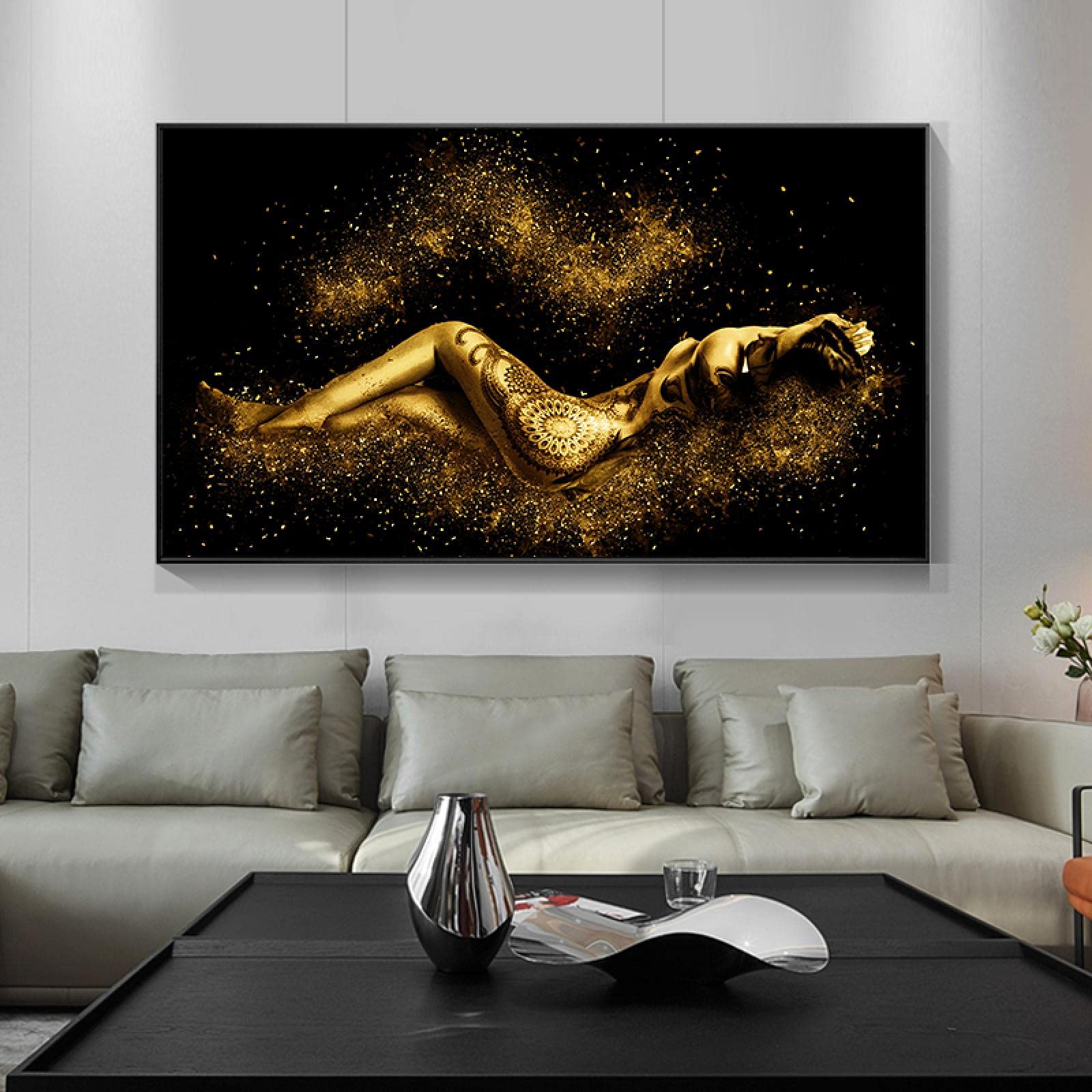 Yooyu Figura de cuerpo de mujer abstracta negra y dorada Pintura al óleo sobre lienzo Carteles e impresiones Imagen de arte de pared para sala de estar 50x100cm (20x39in) con marco