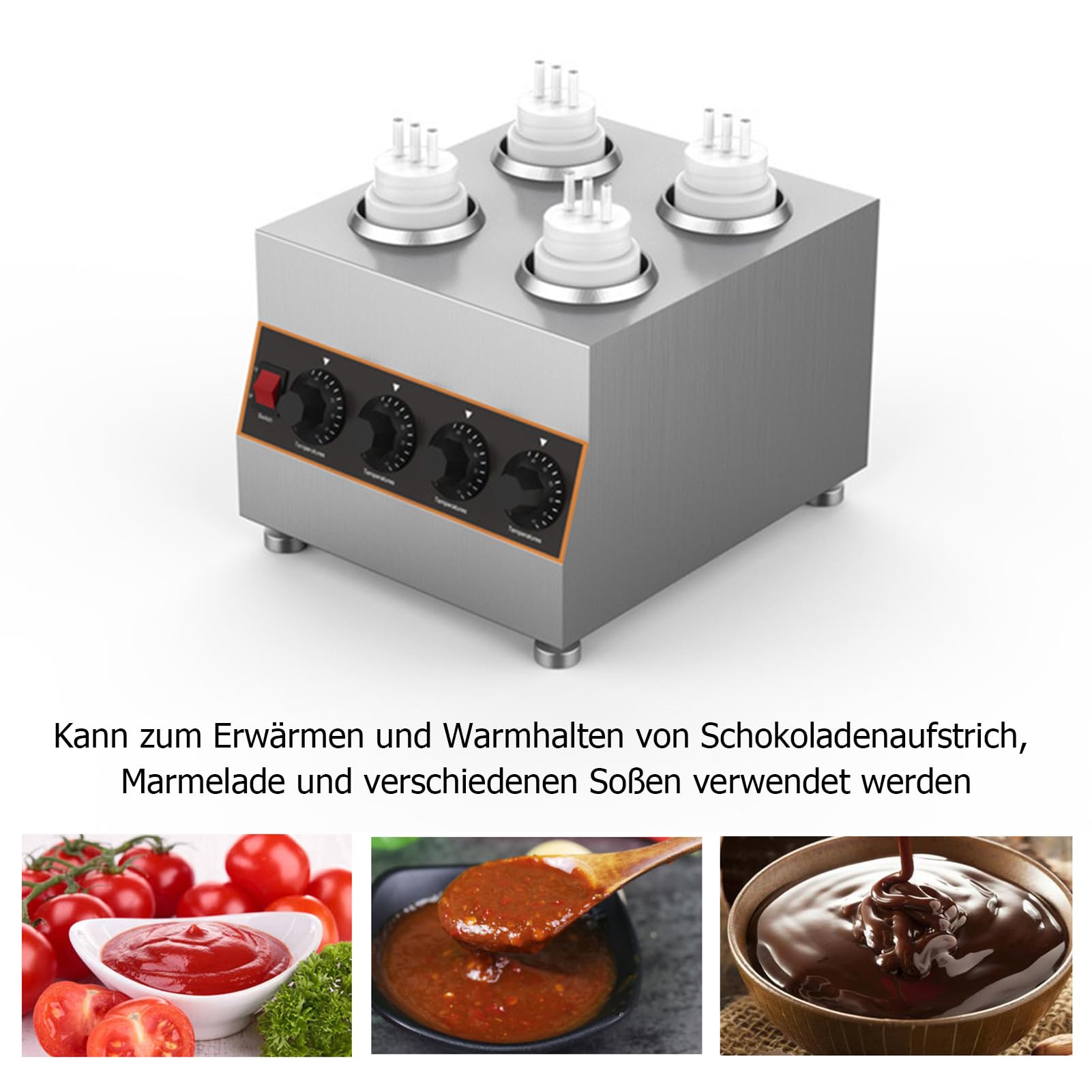 Chauffe-sauce électrique commercial avec 4 bouteilles à presser, distributeur de sauce électrique commercial, à température contrôlée, pour réchauffer le chocolat, le beurre et la confiture (30 à 85 °