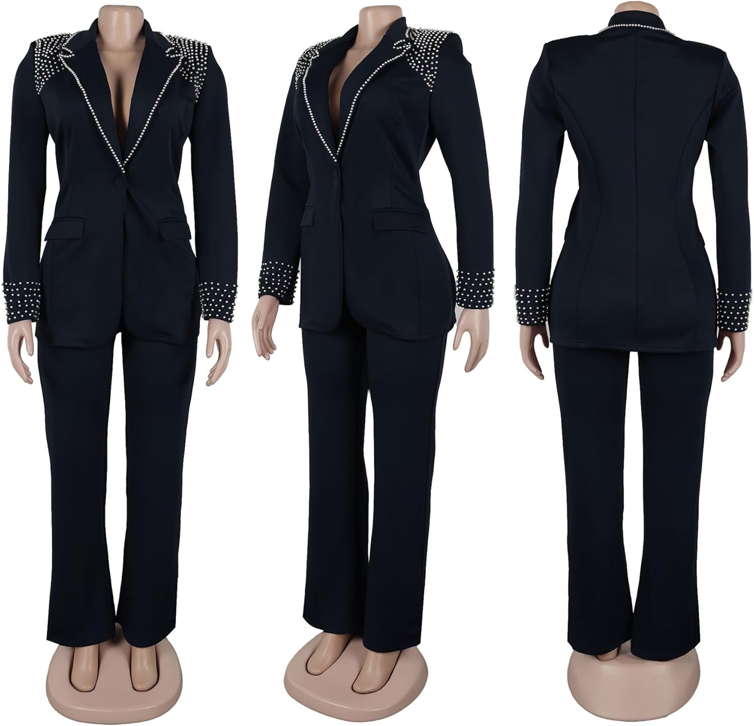 Tcremisa Womens Fashion Pants Suit 2 Piece Business Outfits Pearls Long Sleeve Blazer and Slim Fit Pants Sets - Image 6