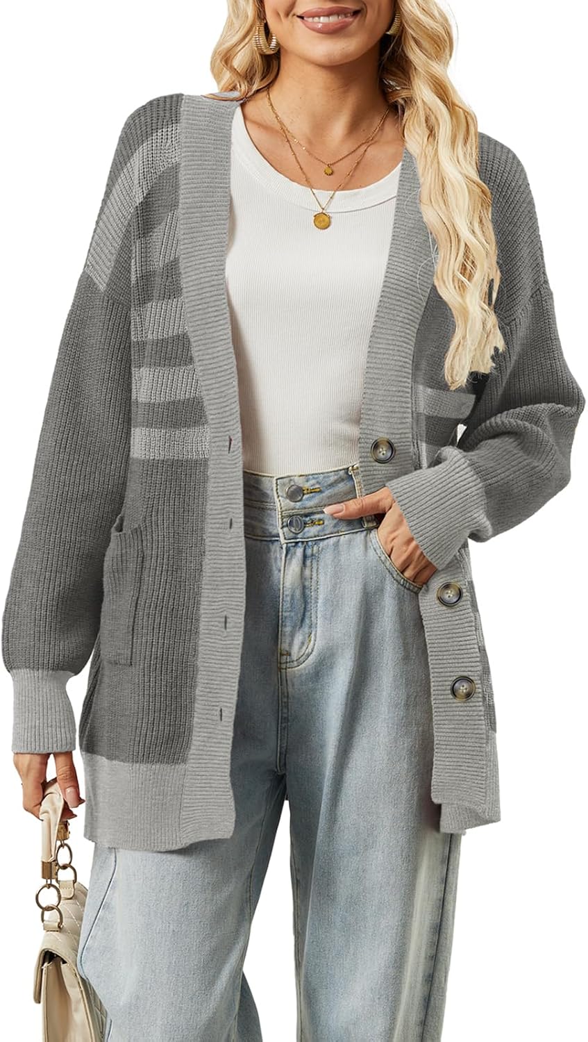 Alaster Queen Women's Striped Sweater Cardigan Fall Open Front Button Down Long Sleeve Knit Color Block Cardigan with Pockets