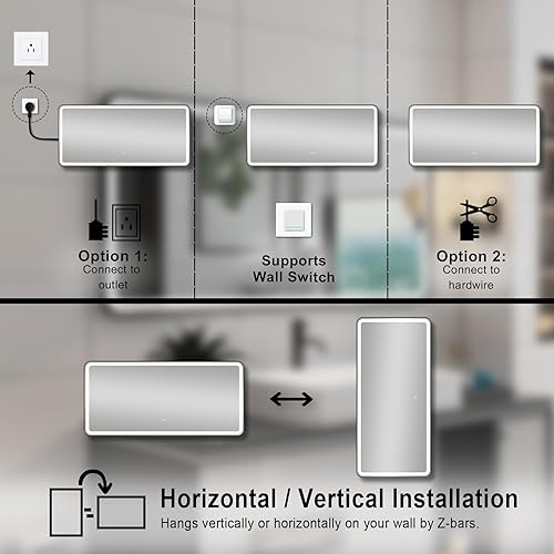 Miniatura 7 de WELLFOR Espejo LED enmarcado para montaje en pared, 60 pulgadas de ancho x 28 pulgadas de largo, espejo rectangular de esquina redondeada de metal