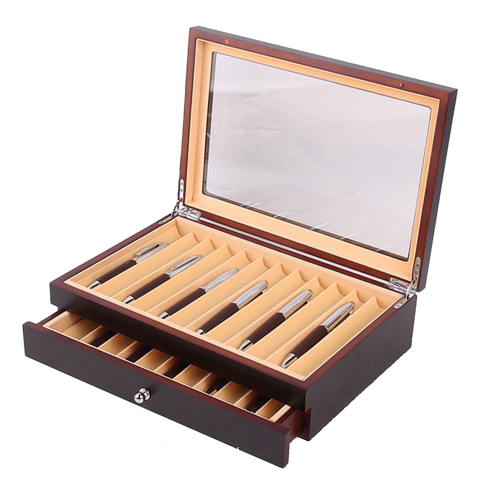 Scatola porta penne in legno con cassetto e finestra in vetro, grande organizer per collezione di penne, ottimo regalo per uomini, padri, fidanzati e mariti