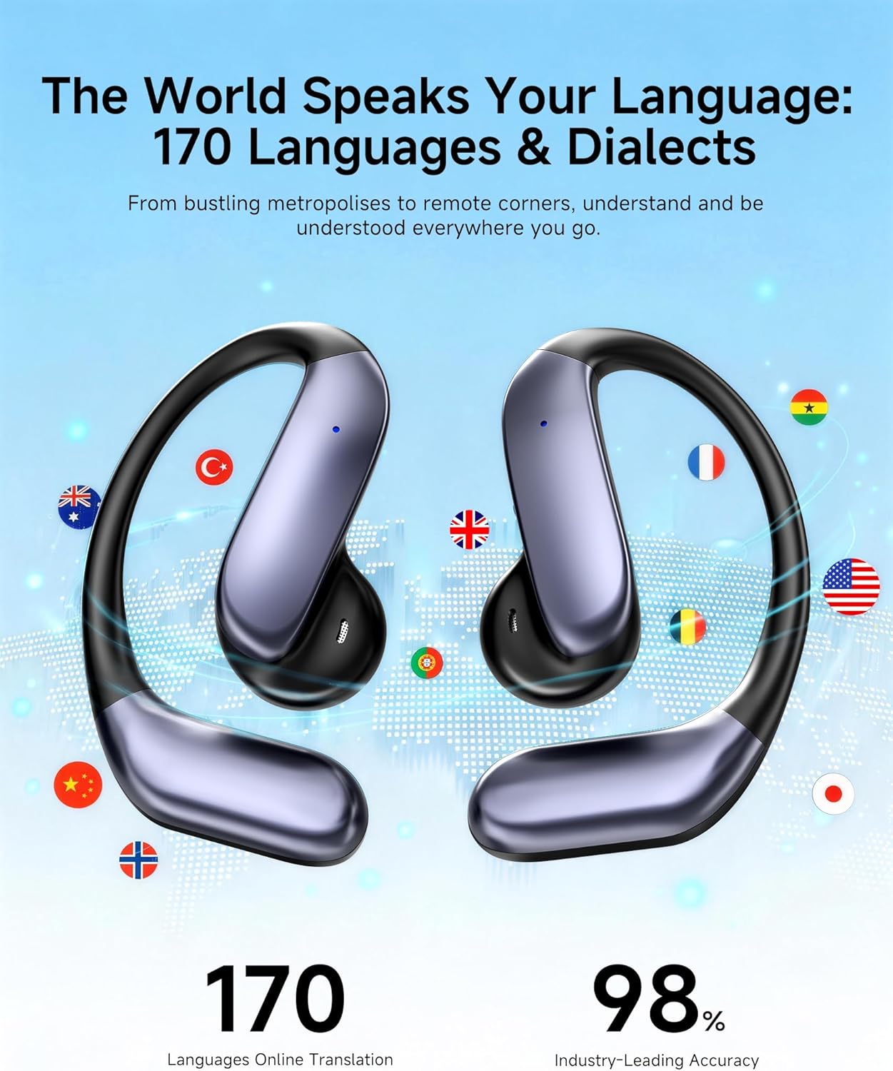 AI Translation Earbuds: 170 Languages & 0.45s Instant Real-Time Translator, Smart AI Headphones with Meeting Notes & Transcription, Bluetooth 6.0 & ENC, Audífonos Traductores 5