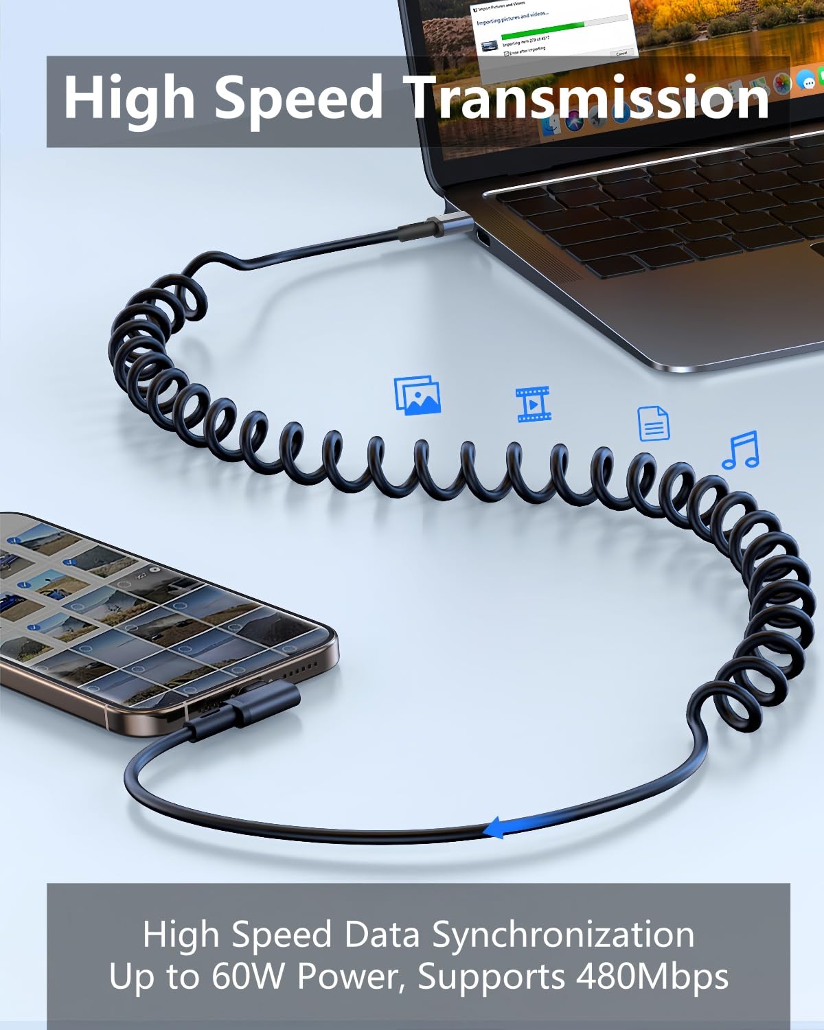 Cable USB C en espiral en ángulo recto USB C a USB C en espiral para Android Auto/Carplay, carga rápida USB tipo C, longitud recomendada [1.5 pies a 4 pies, paquete de 2] para iPhone 16/15 Series