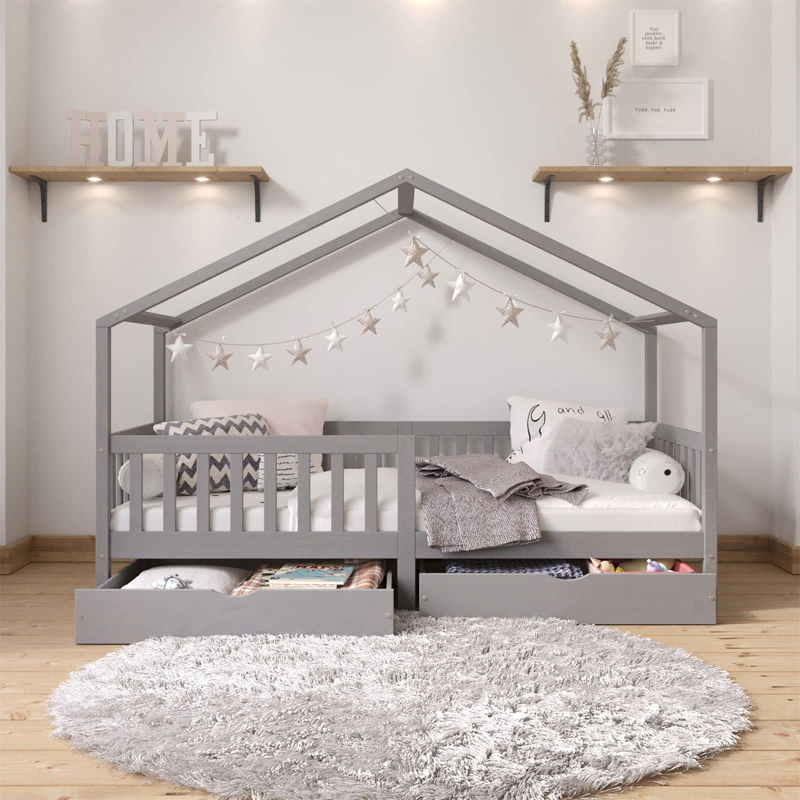 IDIMEX Hausbett ELEA aus massiver Kiefer, Kinderbett mit Rausfallschutz 90x200cm, Spielbett mit Dach in grau