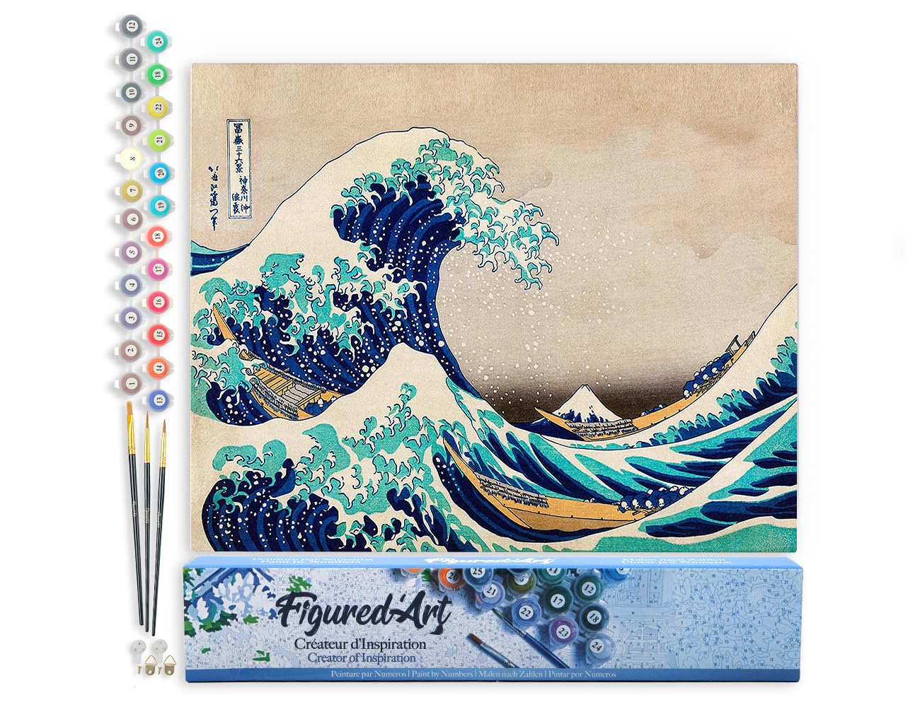 Figured'Art Dipingere con i Numeri - Paint by Numbers La grande onda di Kanagawa di Katsushika Hokusai, Passatempo per Adulti, Kit Completo, Hobby Creativi - Quadri fai da te 40x50cm senza cornice