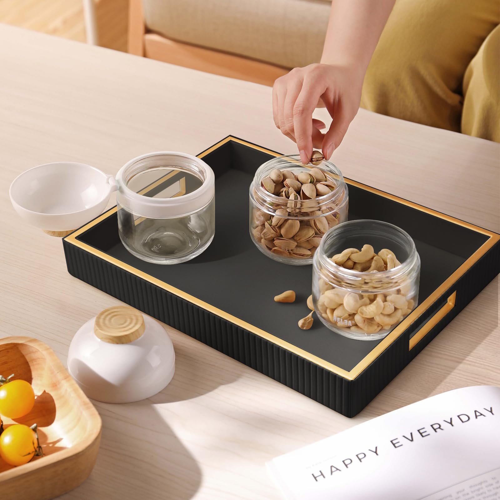 SANZIE Ledertablett, Schreibtisch-Aufbewahrung, Organizer, Premium-Serviertablett, dekoratives Tablett, Valet-Tablett für Kleinteile, Kosmetik, Handy, Geldbörse, Besteck (Schwarzer Tablett)