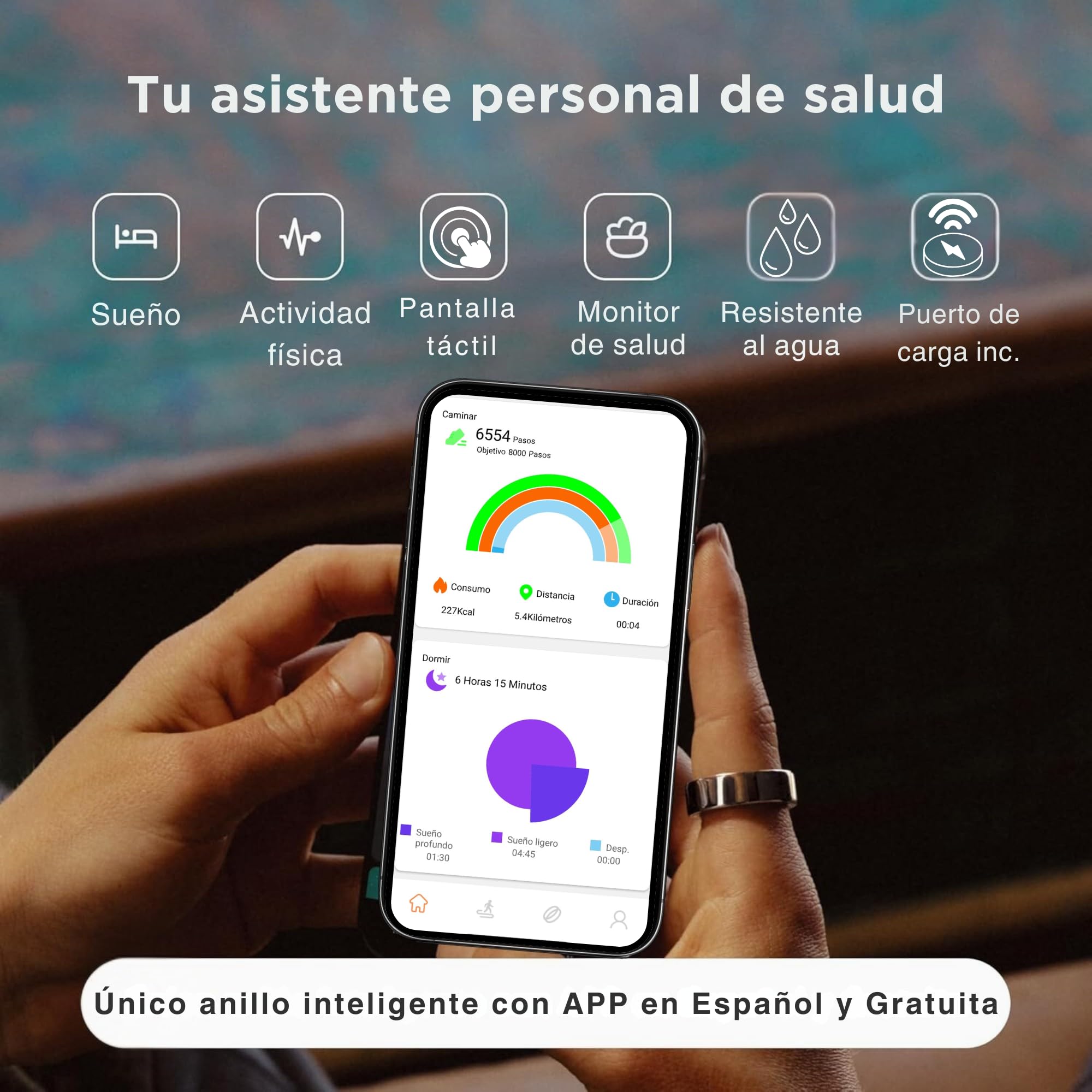 smartia - Anillo Inteligente con Pantalla Tactil, Smart Ring para Hombre y Mujer, Anillo Inteligente con Actividad Fitness y Control de Salud, Monitoriza tu Sueño, Incluye Puerto DE Carga (Oro, 9)