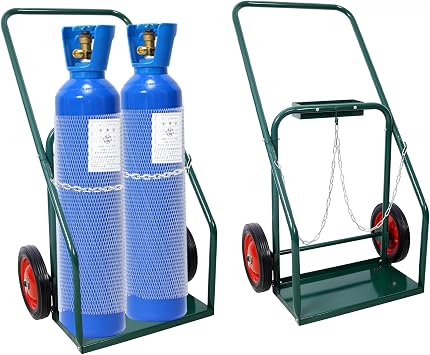 Welding Cylinder Hand Truck 440lbs Capacity, Dual Oxygen Tank Cart Dolly with 10-Inch Solid Rubber Wheels and Safety Chains, Green Cylinder Cart for 9.5-Inch Dia. Double Gas Cylinders, Green