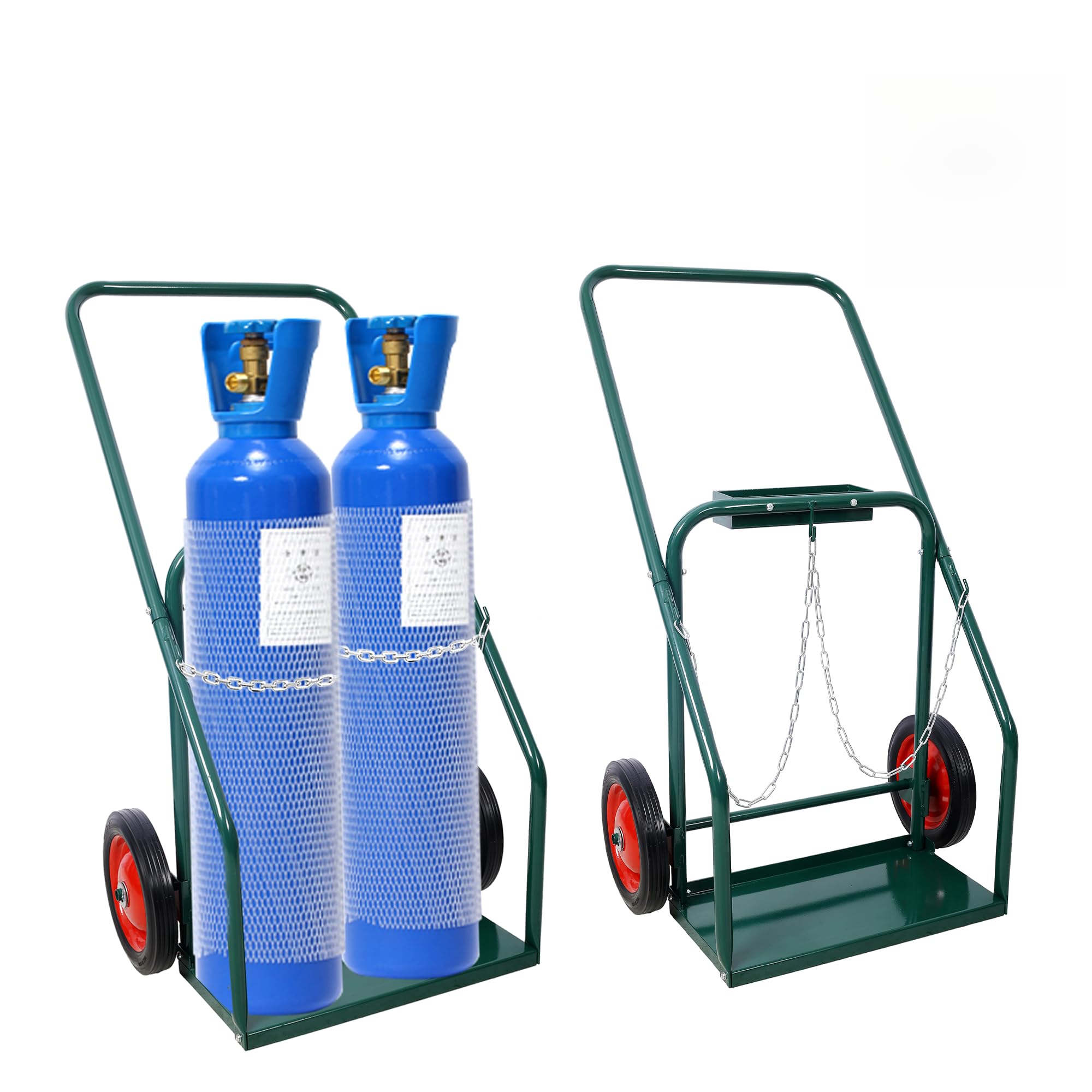 Welding Cylinder Hand Truck 440lbs Capacity, Dual Oxygen Tank Cart Dolly with 10-Inch Solid Rubber Wheels and Safety Chains, Green Cylinder Cart for 9.5-Inch Dia. Double Gas Cylinders, Green