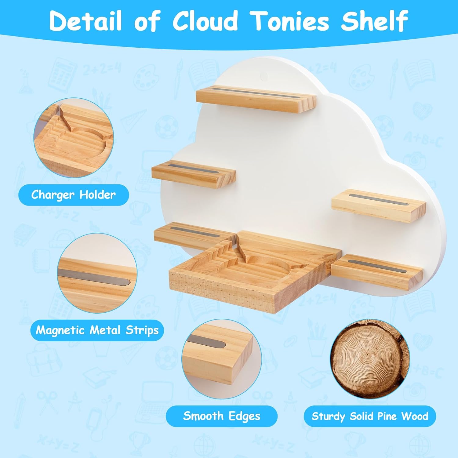 Cloud Toines Shelf, for TonieBox 1 and Toniebox 2 Tonies Wall Floating Shelf Storage for 12-20 Toine Figures Characters Wall Shelf Magnetic for Toniebox, Charging Station, Kids Play Room (White 2)
