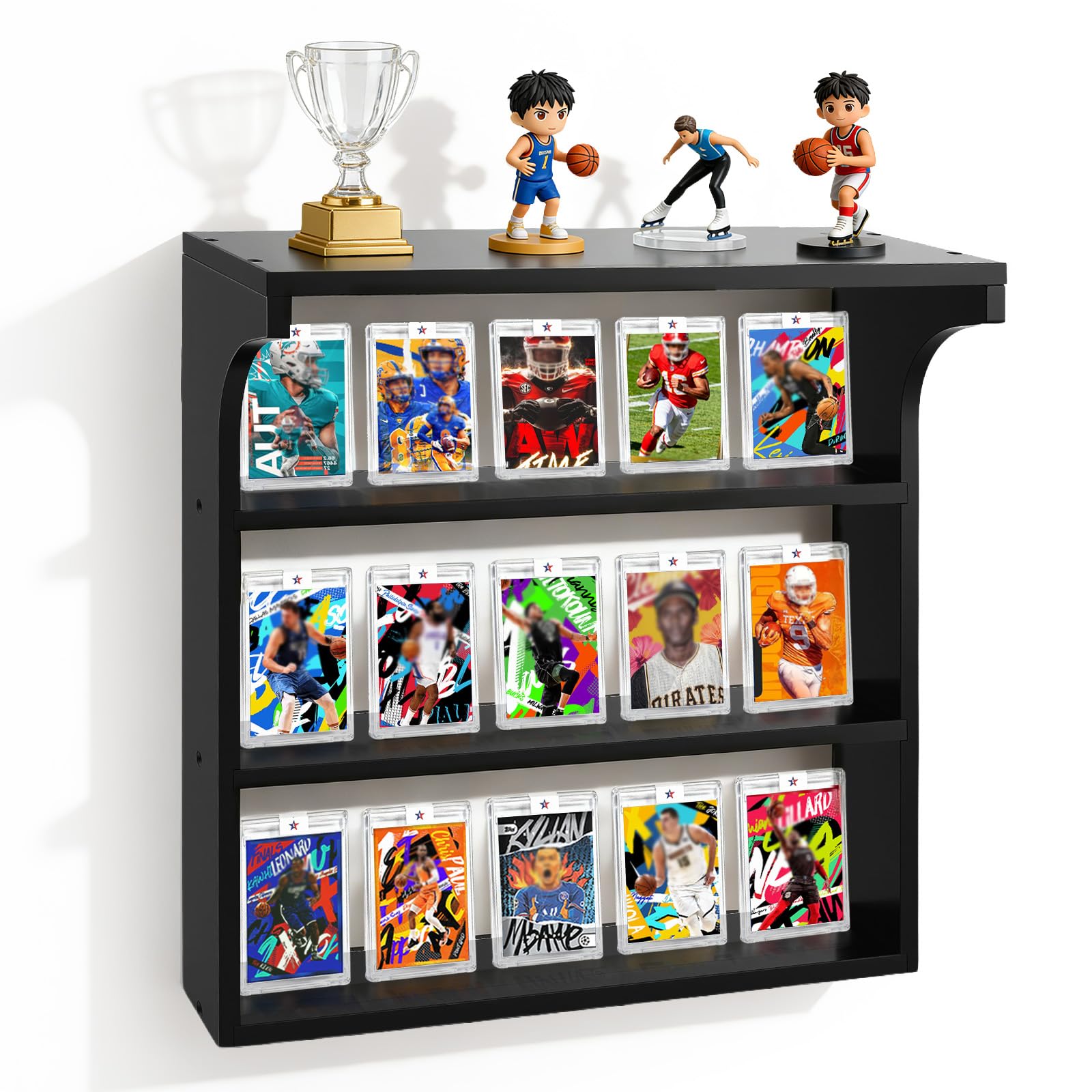 Porte-Cartes Mural en Bois, 3 Étages Présentoir à Carte - avec étagère supérieure Polyvalente, Présentoir pour (Football, Baseball, Basket-Ball), 15+ Cartes, Noir