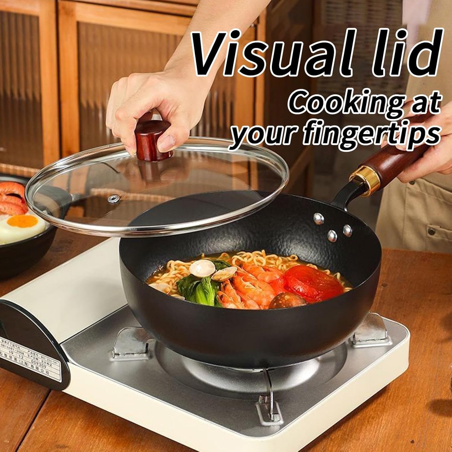 Japanese, Japanese Iron Pan with Wooden Lid, Thick Non-Stick Hand-Forged Cooking Pot, Compatible with Stove and Induction Hob, Kitchen for Restaurants, Home, Camping, Durable and Heat Ef