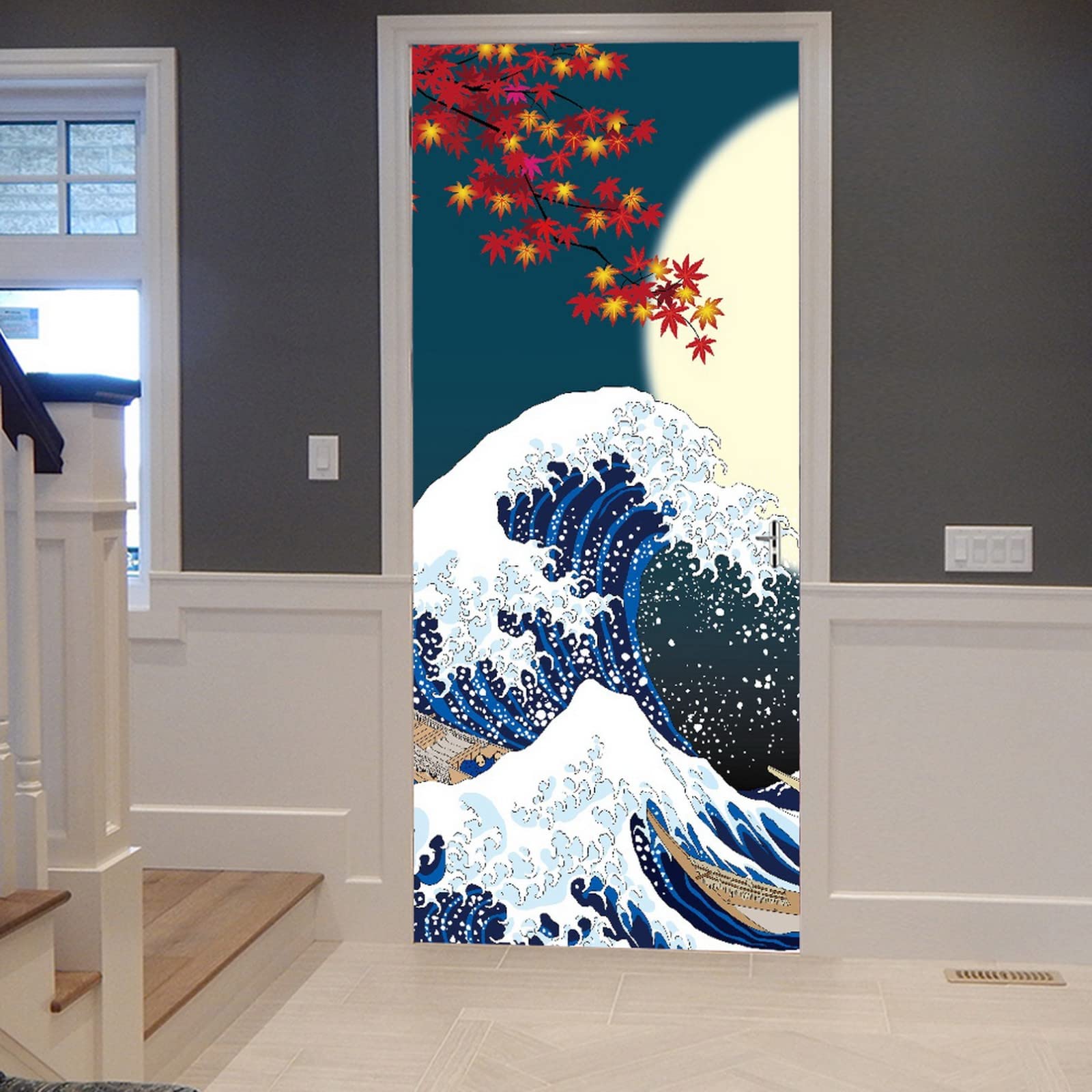 A.Monamour Adesivo Porta Autoadesiva 3D Grande Onda In Stile Giapponese E Luna Piena Vinile PVC Adesivi per Porte Interne Pellicola Adesiva Poster Sticker Murale Parete Carta da Parati