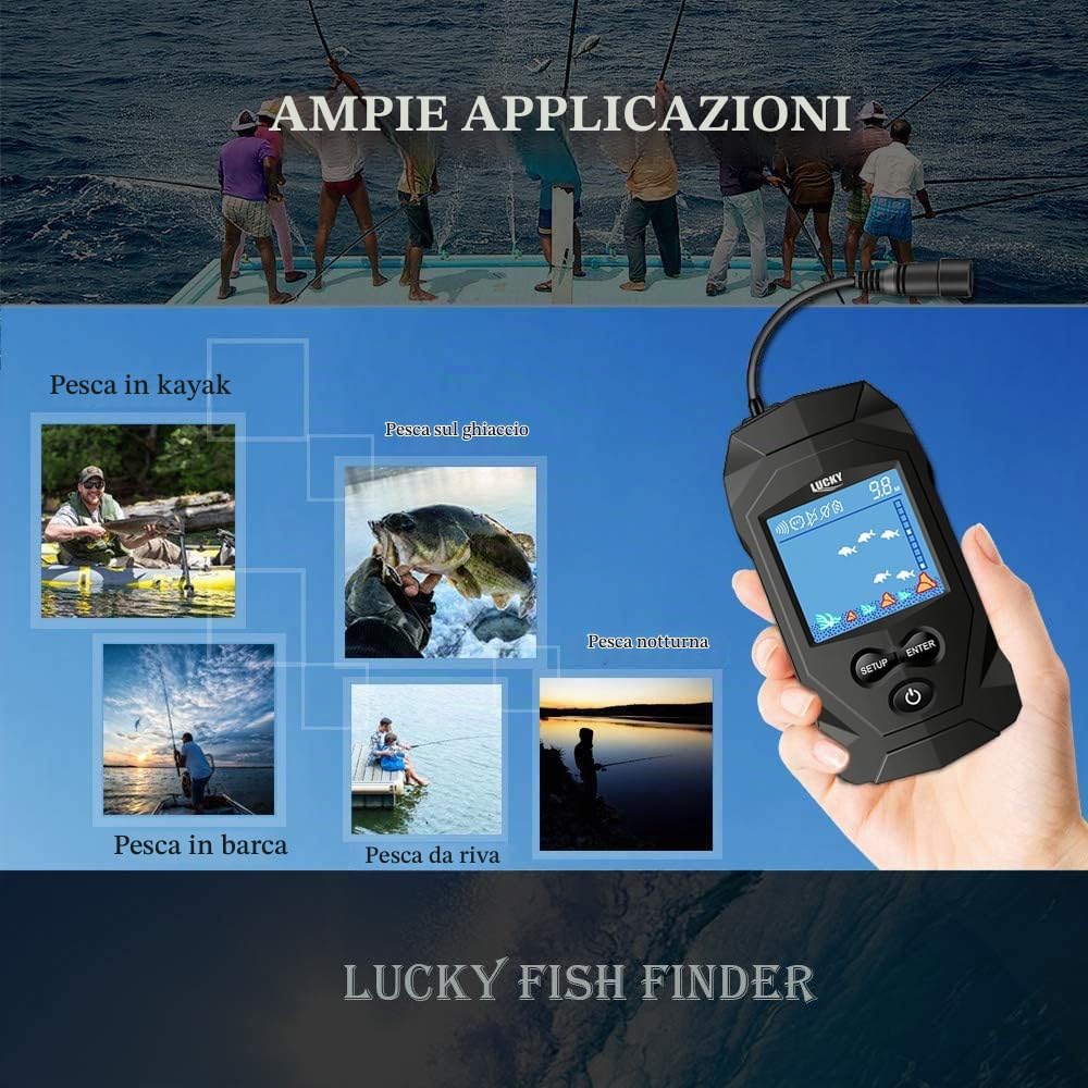 LUCKY Cercatore di Pesci da Pesca Portatile Marino Ecoscandaglio con Trasduttore per Kayak Ecoscandagli con sensore di profondità Display LCD per ecoscandagli per Barche