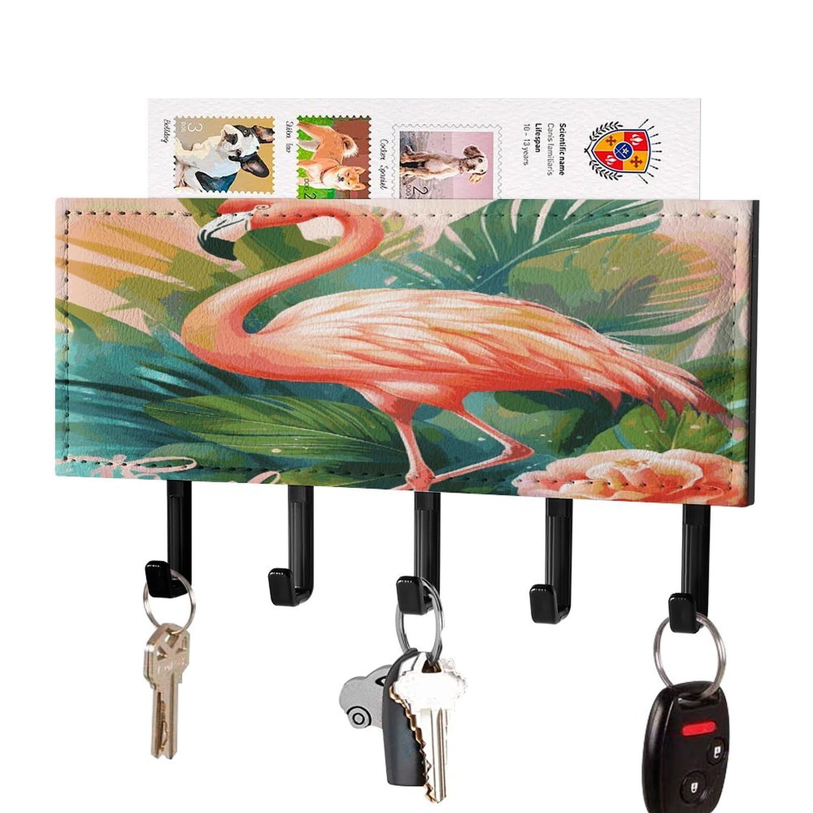 LDGSUPH Tropical Flamingo Key Holder Wall Mount Key Hanger with 5 Hooks Fashion Key Organizer Rack Hanging Key Hooks with Mail Organizer Key Rack for Home Entryway Hallway Black-Style