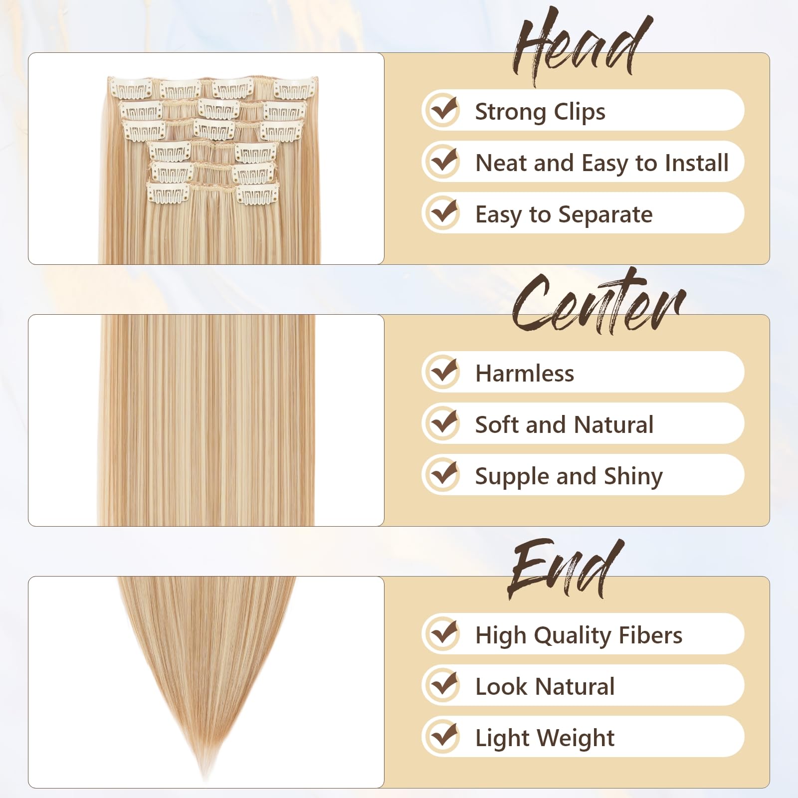 Benehair 24" Clip in Hair Extensions Full Head 6 Pcs 16 Clips Long Straight Hair Extensions Clip in Synthetic Fiber Natural Extension Hairpiece for Women(Ash Brown with Blonde - Image 4