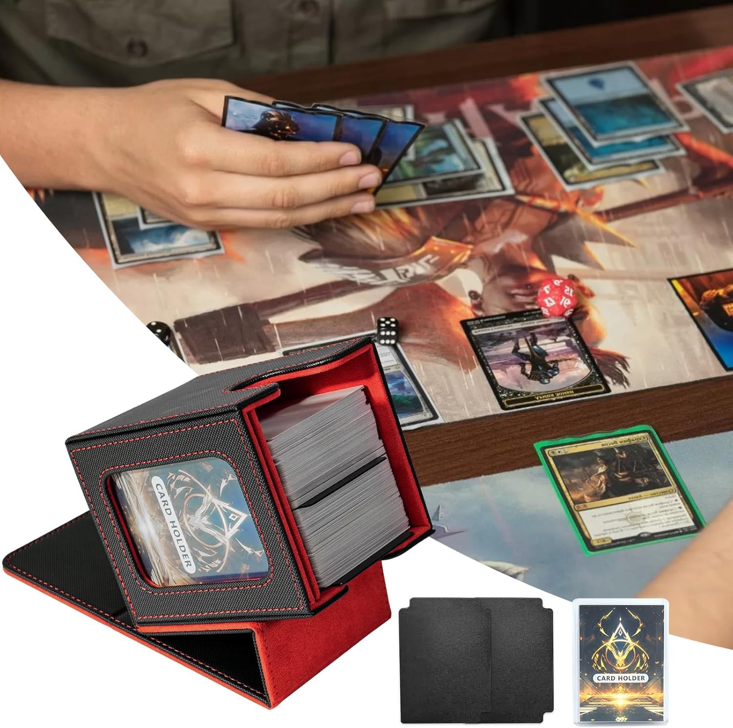 Deck Box con Due Divisori,Magnetic Flip Deck Box Magic mit Display per MTG Magic Commander TCG,Porta Deck Capacità di 100+ Carte,Pelle PU Deckbox,Nero Rosso