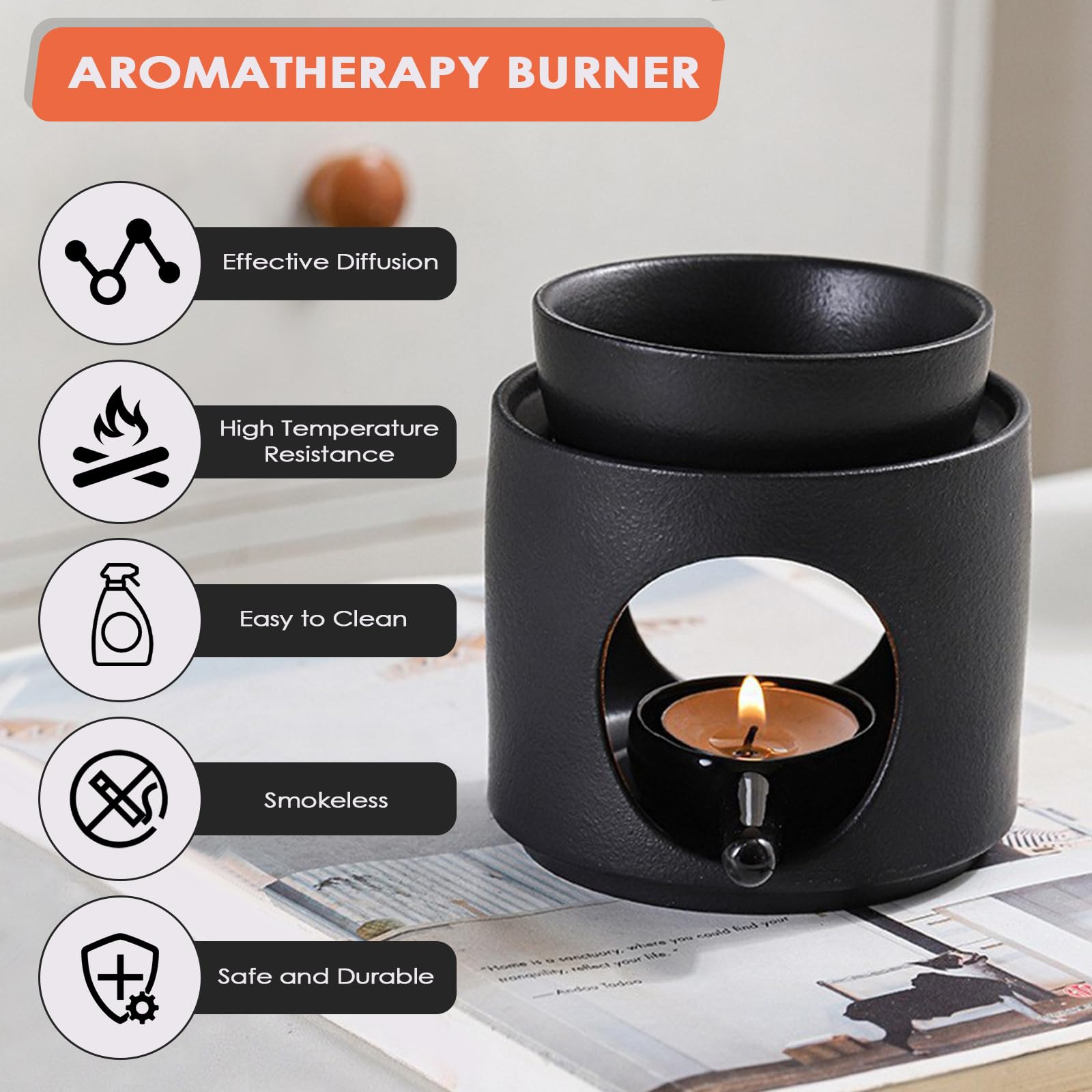 Quemador de Aceite, Quemador Aceites Esenciales de Cerámica, Quemadores de Cera con Cuchara de Velas, Calentador de Fragancia, para Aromaterapia, Decoración del Hogar, Negro