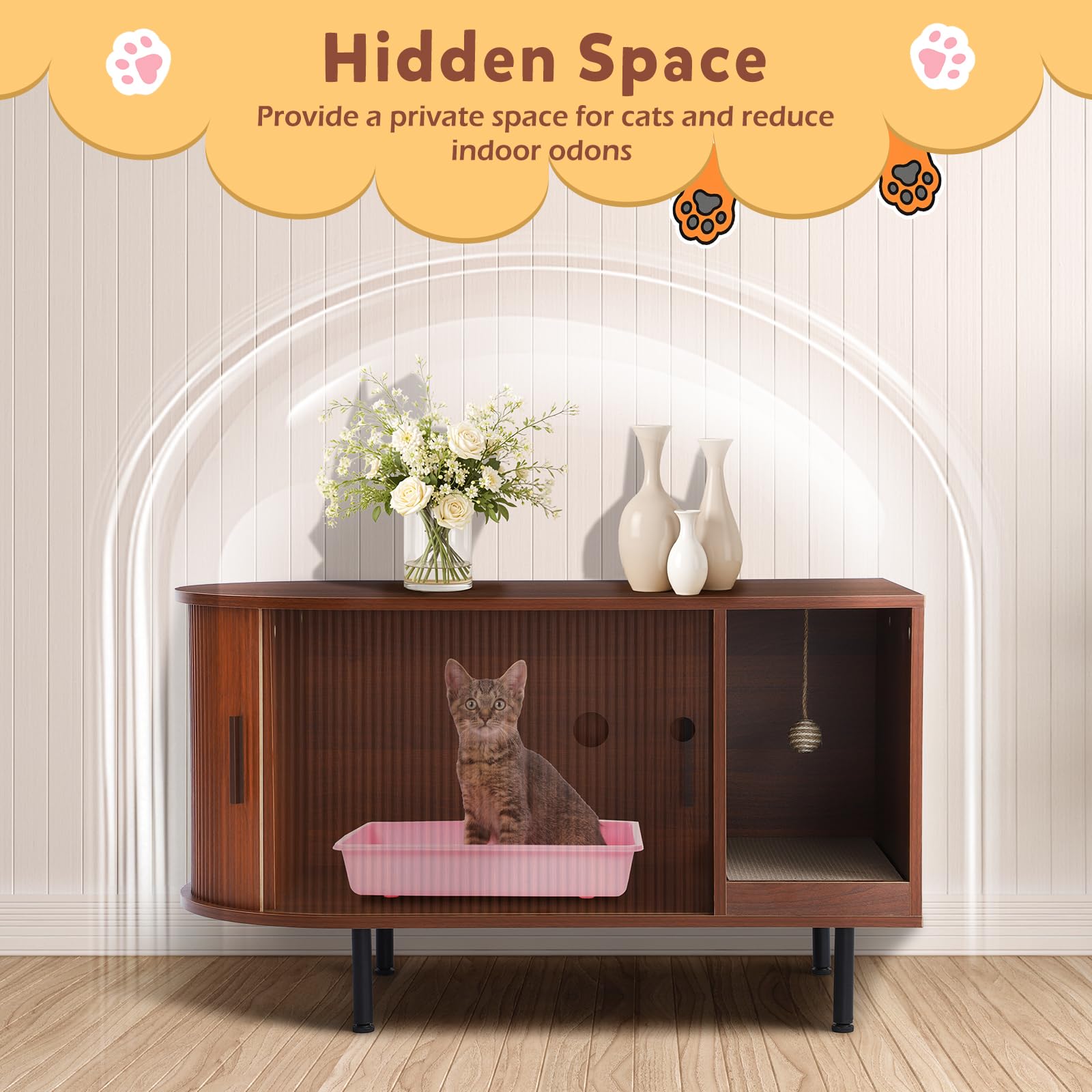 Cat Litter Box Furniture, Hidden Litter Box Cabinet with Cat Scratch Pad and Ball, Wooden Cat House Enclosure for Living Room, Bedroom, Entrance (Brown, 37.4" L x 16.6" W x 21.7" H) - image 4