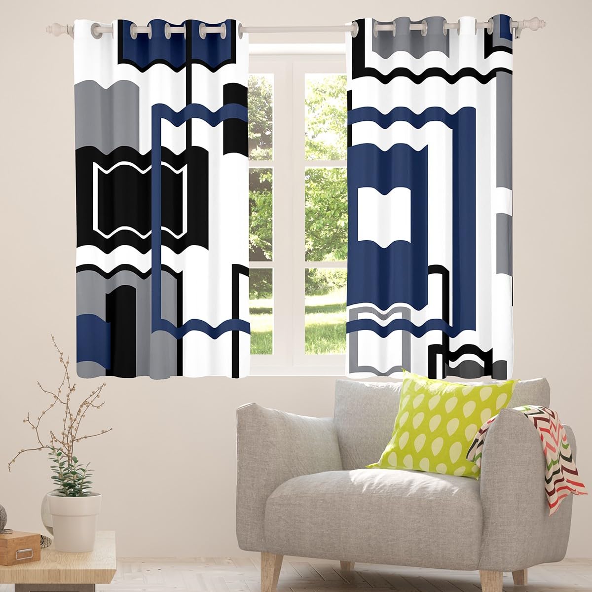 Homewish Navy Blue Square Window Curtains for Teen Boys Bedroom 46x54 Black White Grey Geometric Window Curtains Striped Blackout Curtains for Kids,Abstract Grids Window Treatments 2 Panels - Image 2