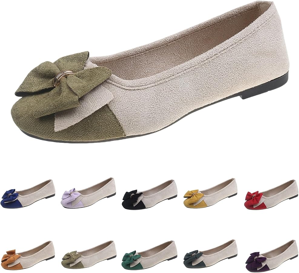 Ballerines Plates Femme Daim Léger Printemps Été Automne Bout Rond Bouche Peu Profonde Semelle Souple Nœud Chaussures Quotidiennes Rendez-vous Travail Grand Pieds