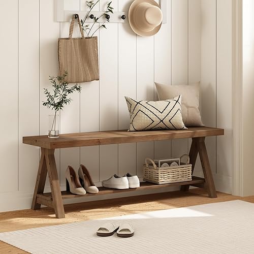 RowyPoey 51" Solid Wood Bench, Long Farmhouse Entryway Bench with Storage Shelf, Triangular Leg Design, Narrow Rustic Benches for Hallway, Bedroom, Dining, Kitchen