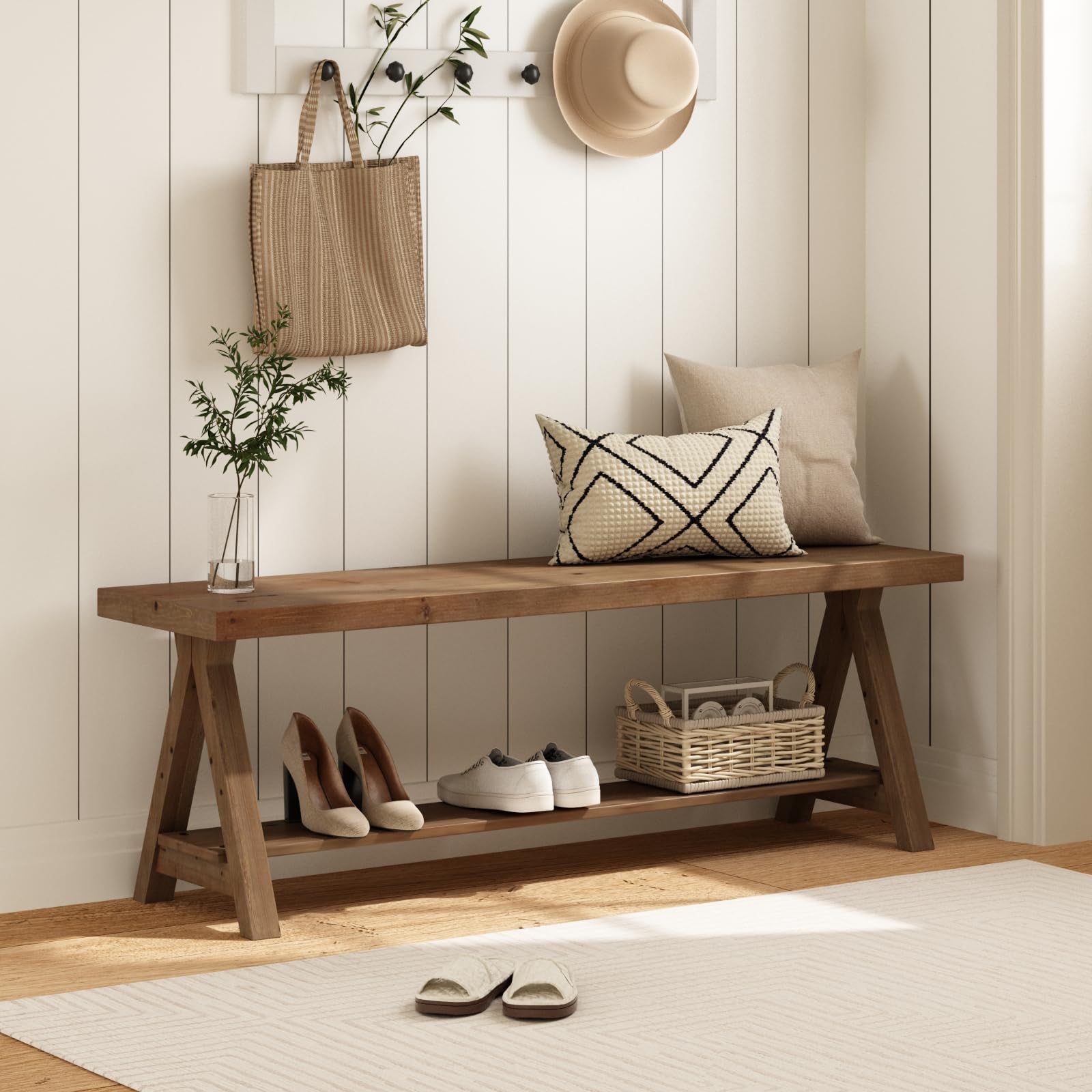 RowyPoey 51" Solid Wood Bench, Long Farmhouse Entryway Bench with Storage
