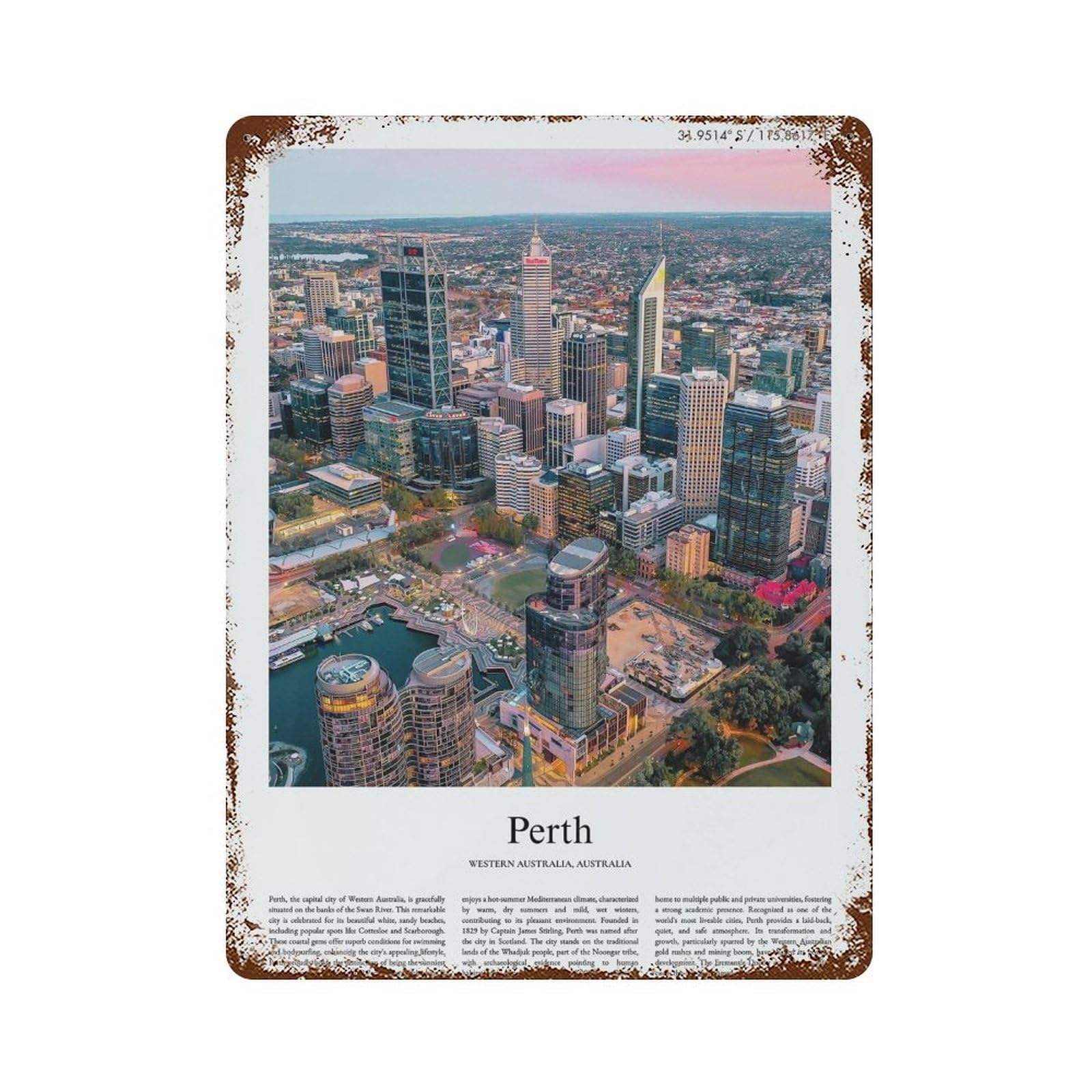 xiaoxiaoshen Perth Western Australia, Australia City Scenery Wall Decor Art Metal Tin Poster Modern Home Decor Art Home Bar Shop Decorations Vintage Sign 40x30cm