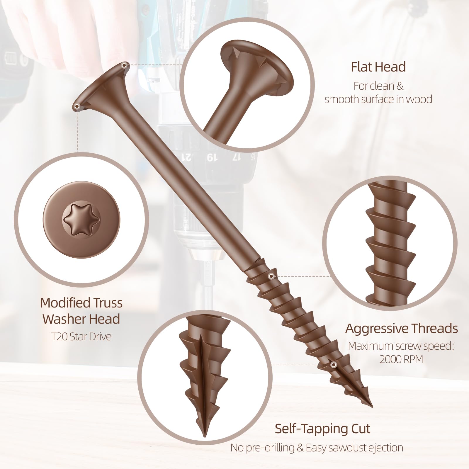 Tornillos de madera exteriores de alta calidad, #8 x 1-1/2 pulgadas, tornillos multiusos para proyectos al aire libre, broca T-25 Star incluida, marrón bronce, 5 libras