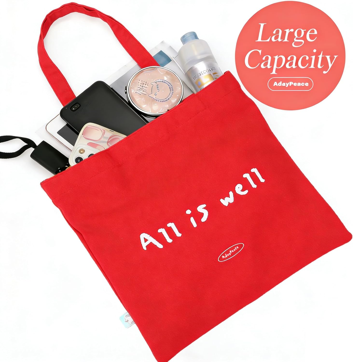 Red Canvas Tote Bag16 X14,100% Cotton Reusable Grocery Bag with Inner Safety Pocket & Long Handles, Large Capacity Summer Beach Tote Bags for Women,Shoulder Cloth Fabric Bag for Shopping,Travel,Work | Red Canvas Tote Bag, Safety Pocket, Long Handles, Summer Beach Tote, 100%cotton - Image 5