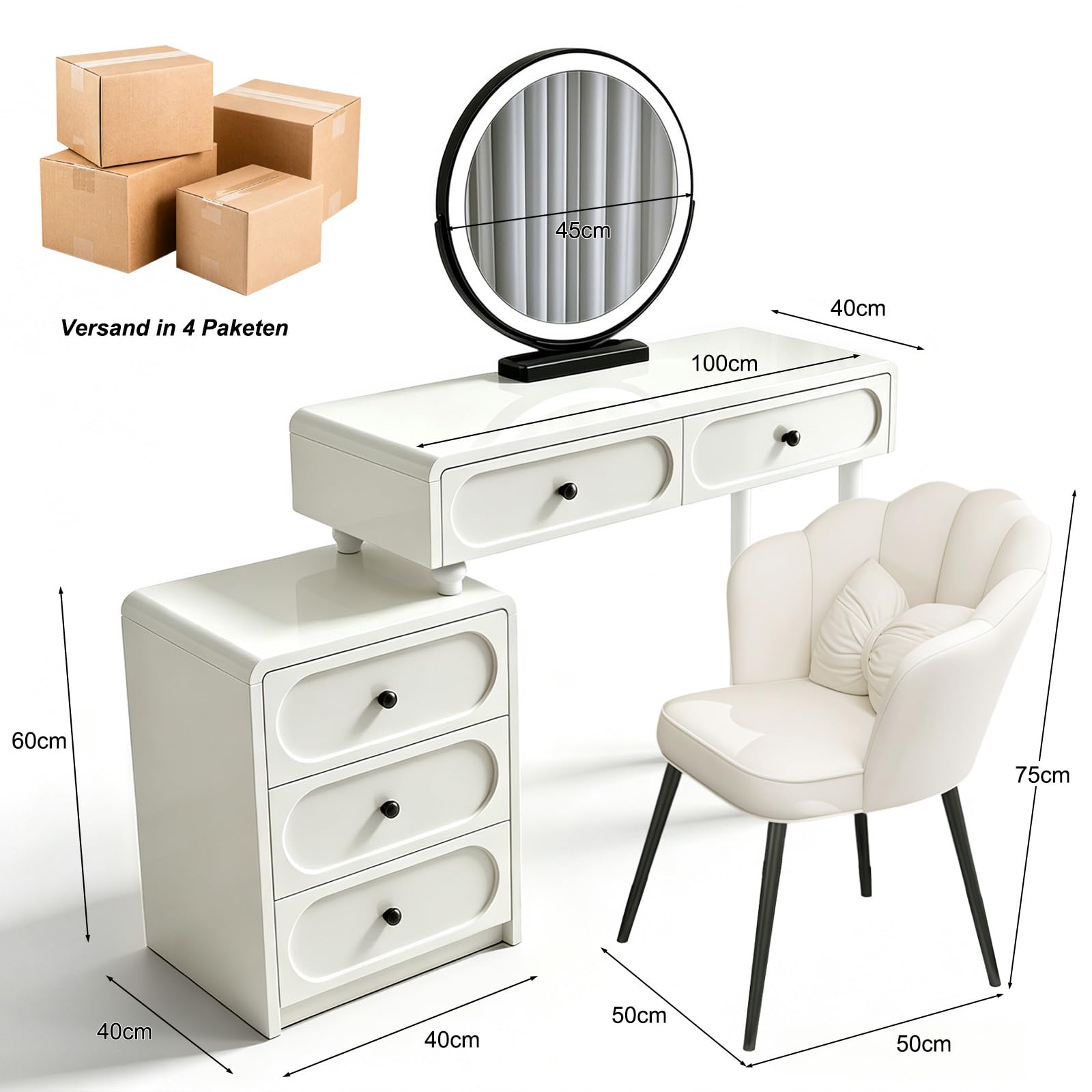 MJKCBD Vintage Schminktisch mit Spiegel & Hocker, Einfach zu Montieren