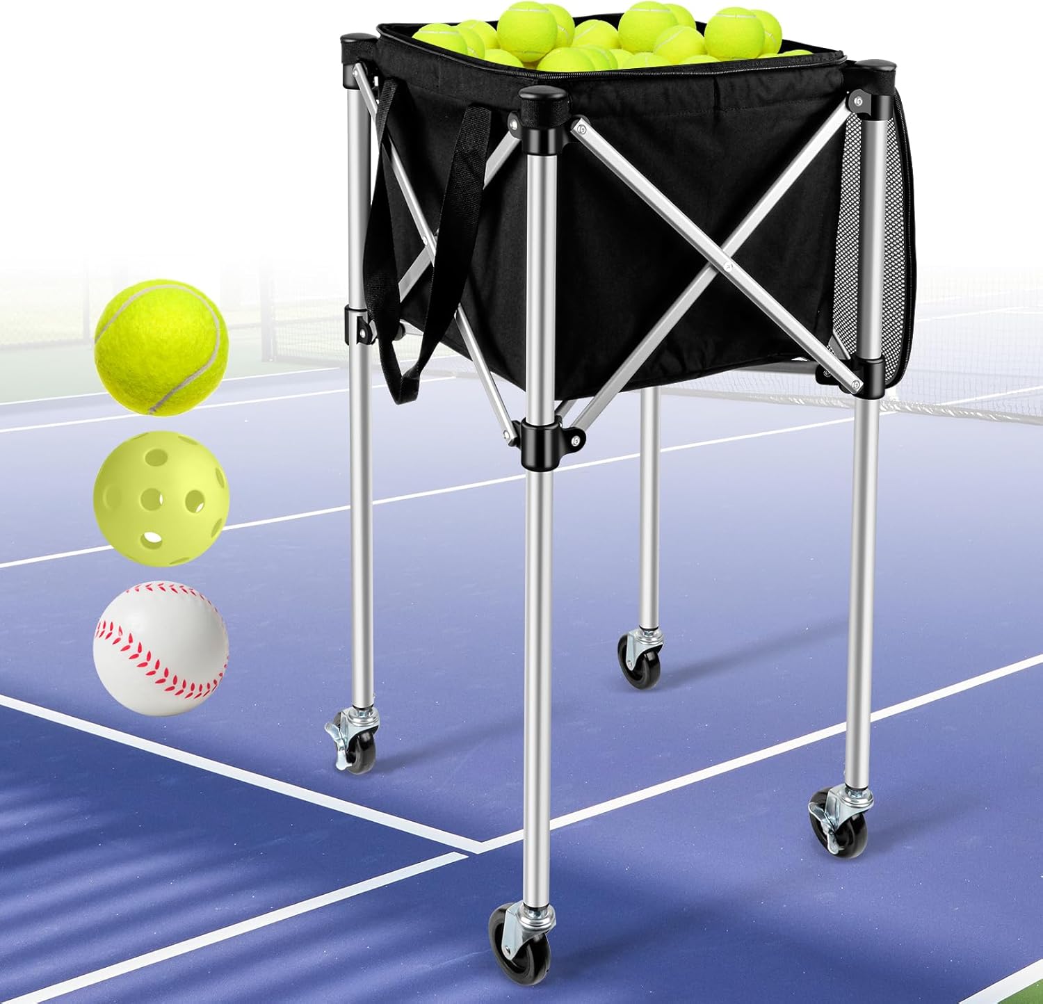 Professional Tennis Cart with Silent PU Wheels - 2 Capacity Choices (150/240 Balls) - Sturdy, Lightweight & Portable Storage for Practice and Matches 150-Balls