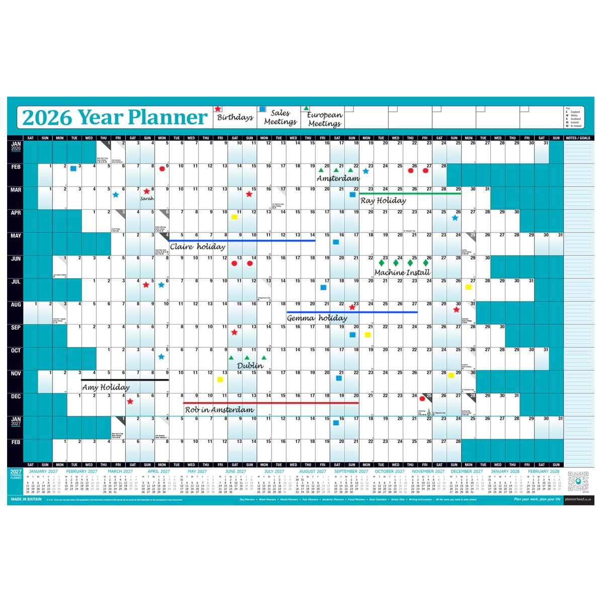 PlannerHead 2026 Wall Planner Teal | Yearly Calendar 2026 for Students, Families, Businesses, Offices | UK & Ireland Bank Holidays | Unmounted & Unlaminated (Teal, Medium 35cm x 49cm - Folded)
