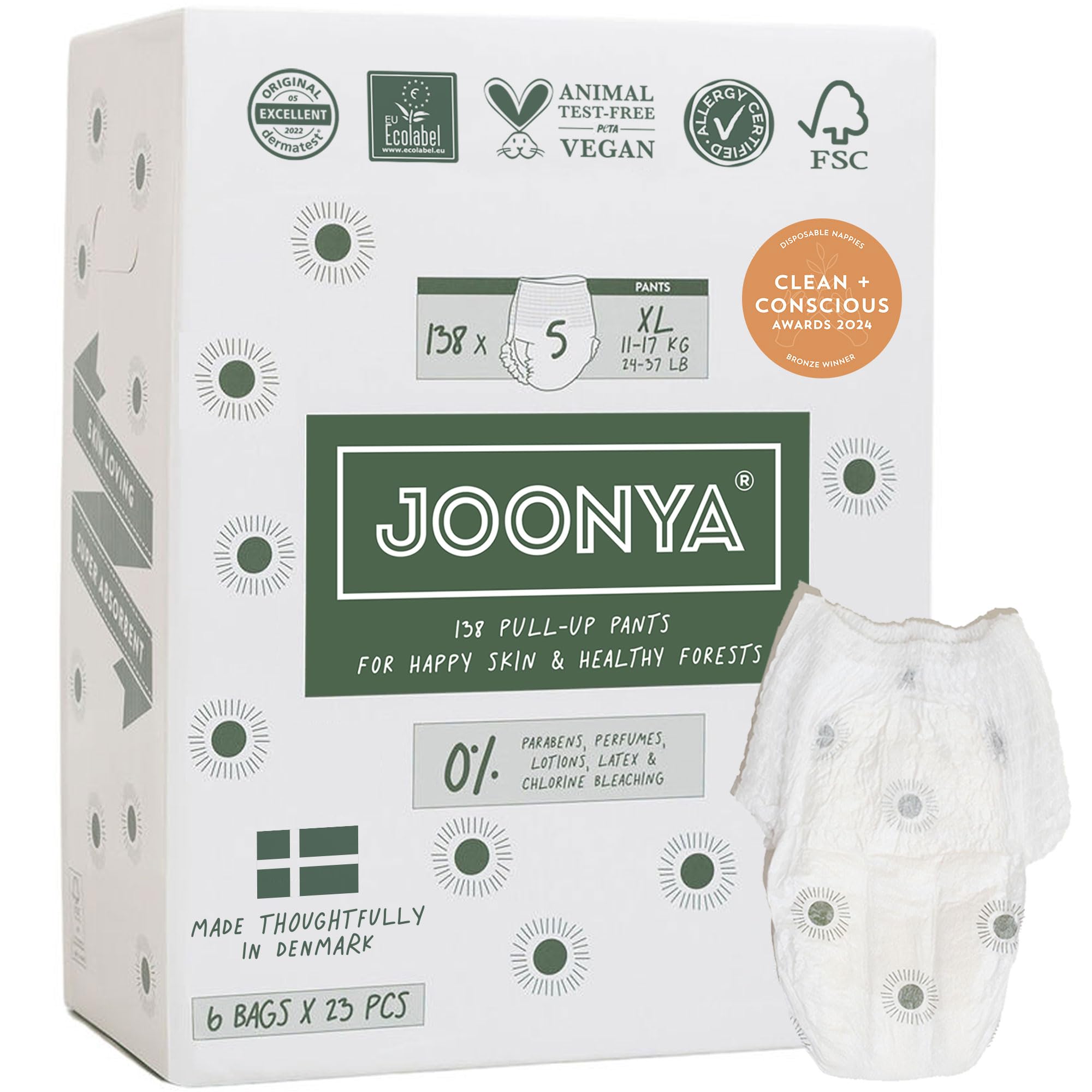 Joonya Pull-Up Pants Baby Diapers, Size 5 XL (24-37 lb) - 1 Bag of 23 - Non Toxic, Eco-Friendly, High Absorbency, Overnight Use, Ultra Slim & Soft - Made in Denmark