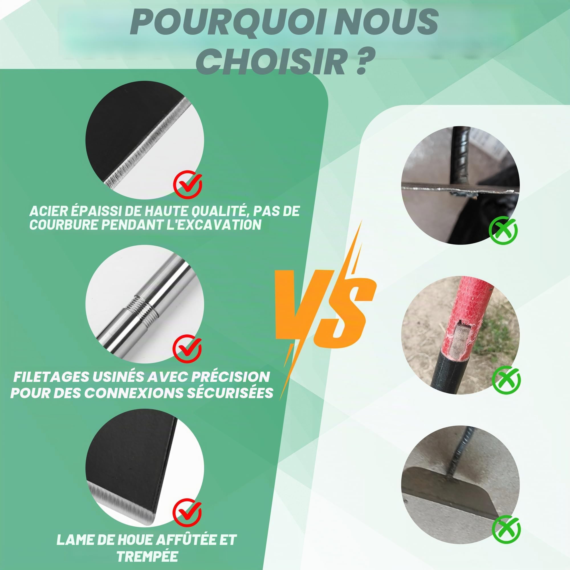YEELOR Houe de jardin, outil de jardinage à manche long avec prise antidérapante souple, manche en acier inoxydable de 142 cm, houe robuste avec lame durable, pour le creusement, le desserrage, le
