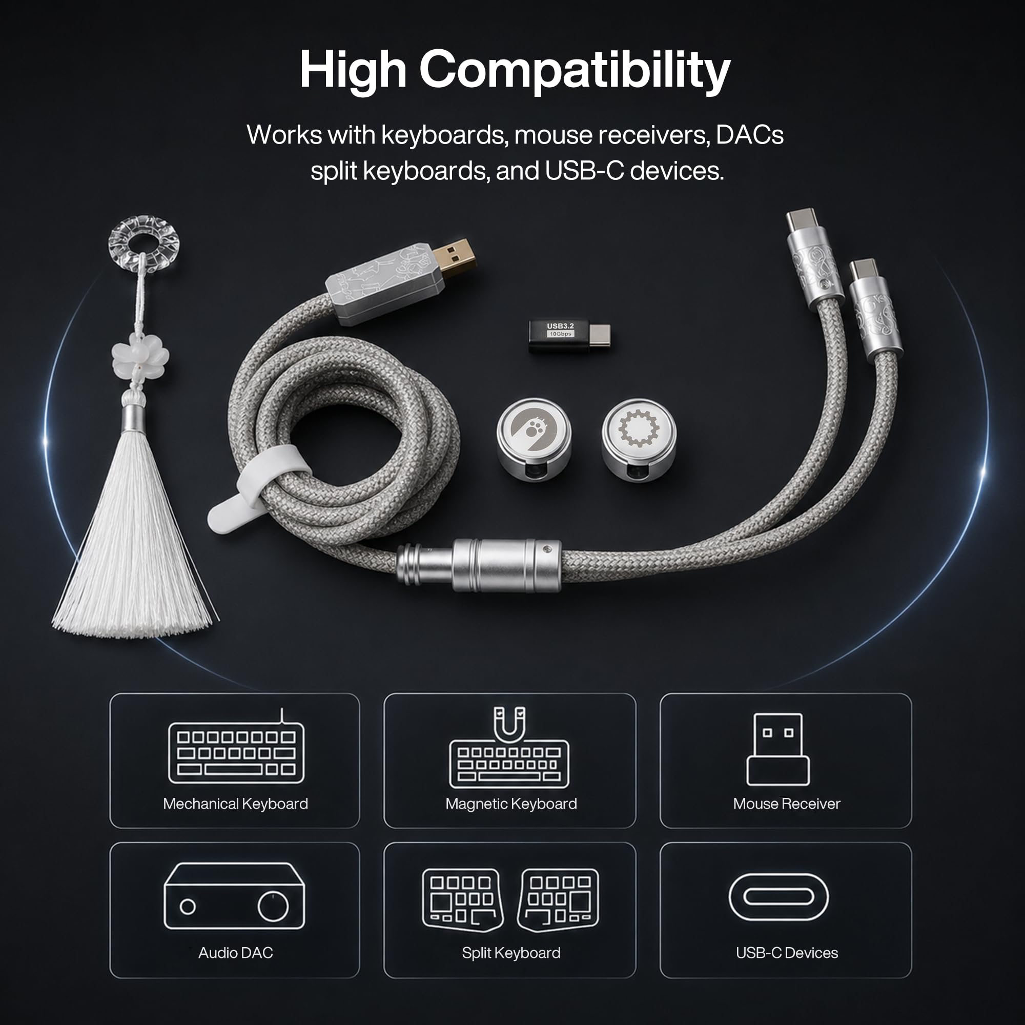 Angry miao Cavo da gioco Split Dual 8K AM Edition (1,4 m), doppia connessione ad alta velocità, bassa latenza, compatibile con dispositivi USB di tipo C, filo argentato a rete durevole, Silver Orbit