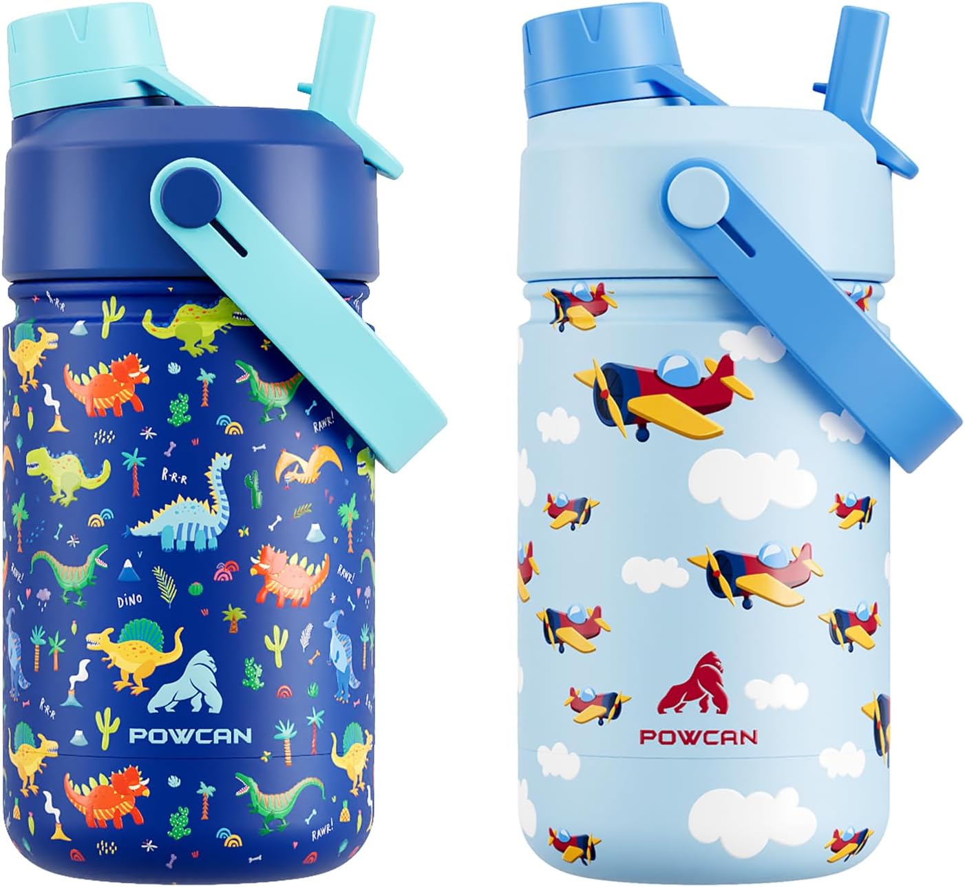 POWCAN 2 Pack 12 oz Kids Insulated Water Bottle for School: Leakproof, 2-in-1 Straw Spout Lid, BPA-Free, Keep Cold 24 Hrs, Stainless Steel Cup for Sports, Travel, Gift for Girls Boys Daughters Sons